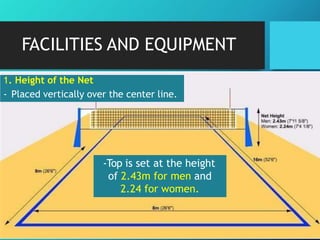FACILITIES AND EQUIPMENT
1. Height of the Net
- Placed vertically over the center line.
-Top is set at the height
of 2.43m for men and
2.24 for women.
 