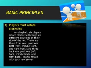 BASIC PRINCIPLES
3) Players must rotate
clockwise
In volleyball, six players
rotate clockwise through six
different positions on their
side of the net. There are
three front row positions
(left front, middle front,
and right front) and three
back row positions (left
back, middle back, and
right back). Teams rotate
with each new server.
 