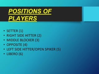 POSITIONS OF
PLAYERS
• SETTER (1)
• RIGHT SIDE HITTER (2)
• MIDDLE BLOCKER (3)
• OPPOSITE (4)
• LEFT SIDE HITTER/OPEN SPIKER (5)
• LIBERO (6)
 