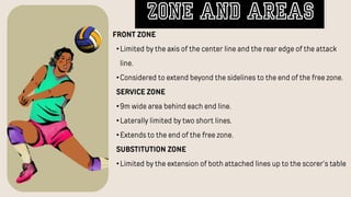 FRONT ZONE
•Limited by the axis of the center line and the rear edge of the attack
line.
•Considered to extend beyond the sidelines to the end of the free zone.
SERVICE ZONE
•9m wide area behind each end line.
•Laterally limited by two short lines.
•Extends to the end of the free zone.
SUBSTITUTION ZONE
•Limited by the extension of both attached lines up to the scorer’s table
Zone and areas
 