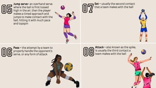 Jump serve- an overhand serve
where the ball is first tossed
high in the air, then the player
makes a timed approach and
jumps to make contact with the
ball, hitting it with much pace
and topspin
05
06
Pass - the attempt by a team to
properly handle the opponent's
serve, or any form of attack
07
Set - usually the second contact
that a team makes with the ball
08
Attack - also known as the spike,
is usually the third contact a
team makes with the ball
 