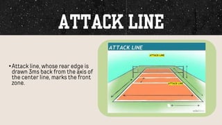 •Attack line, whose rear edge is
drawn 3ms back from the axis of
the center line, marks the front
zone.
 