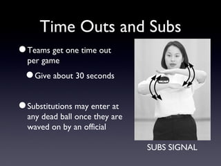 Time Outs and Subs Teams get one time out per game Give about 30 seconds Substitutions may enter at any dead ball once they are waved on by an official SUBS SIGNAL 