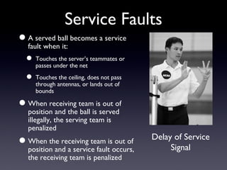 Service Faults A served ball becomes a service fault when it: Touches the server’s teammates or passes under the net Touches the ceiling, does not pass through antennas, or lands out of bounds When receiving team is out of position and the ball is served illegally, the serving team is penalized When the receiving team is out of position and a service fault occurs, the receiving team is penalized Delay of Service Signal 