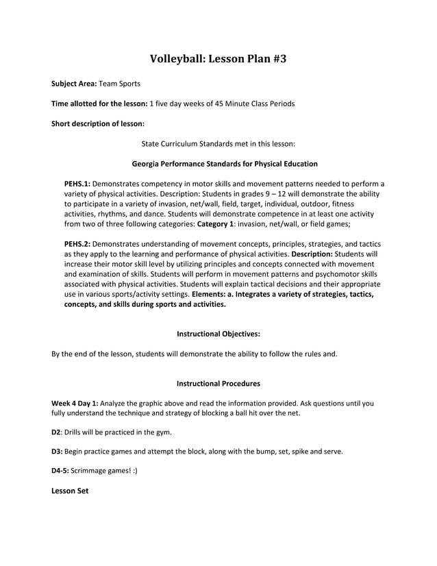 Volleyball Lesson Plan 3 Docx Volleyball Sports