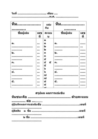 วันที่ …………………………... เดือน ….
…………………………………….พ.ศ. ……..………………

ทีม………………               แข่ง   ทีม………………
……..…                  กับ         ………
   ชื่อผู้เล่น    เลข คะแน       ชื่อผู้เล่น   เลข
                   ที่ น                        ที่
                      ๑
๑.                …   ๑        ๑.              ……
……………………          …   ๒        ………………………       …
…………              …   ๒        ………             ……
๒.                …   ๓        ๒.              ……
……………………          …   ๓        ………………………       ……
…………              …   ๔        ………             ……
๓.                …   ๔ ๕      ๓.              ……
……………………          …   ๕        ………………………       ……
…………              …   ๖        ………             ……
๔.                …   ๖        ๔.              ……
……………………          …   ๗        ………………………       ……
…………              …   ๗        ………             ……
๕.                …   ๘        ๕.              ……
……………………          …   ๘        ………………………       ……
…………              …   ๙        ………             ……

                 สรุปผล ผลการแข่งขัน
ทีมชนะคือ ………………………………… ด้วยคะแนน
…………. ต่อ ….……
ผู้บนทึกผลการแข่งขันชื่อ …………………………………….เลขที่
    ั
…………………………….
ผู้ตัดสิน ๑ ชื่อ ………………………………………………เลขที่
…………………………….
          ๒ ชื่อ ………………………………………………เลขที่
…………………………….
 
