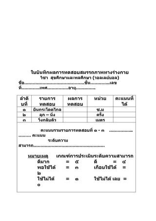 ใบบันทึกผลการทดสอบสมรรถภาพทางร่างกาย
         วิชา สุขศึกษาและพลศึกษา (วอลเลย์บอล)
ชื่อ…………………………………….ชั้น…………..เลข
ที่………….เพศ……………อายุ…….…….

ลำาดั      รายการ        ผลการ   หน่วย      คะแนนที่
บที่       ทดสอบ         ทดสอบ                ได้
 ๑      ยืนกระโดดไกล               ซ.ม
 ๒          ลุก – นั่ง             ครั้ง
 ๓         วิ่งกลับตัว            เมตร

        คะแนนรวมรายการทดสอบที่ ๑ - ๓       ……………..
……… คะแนน
           ระดับความ
สามารถ……………………………………………

     หมายเหตุ     เกณฑ์การประเมินระดับความสามารถ
        ดีมาก        = ๕         ดี        = ๔
        พอใช้ได้     = ๓         เกือบใช้ได้ =
        ๒
        ใช้ไม่ได้    = ๑         ใช้ไม่ได้ เลย =
        ๐
 