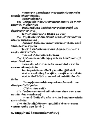 ความสะอาด และเครื่องแต่งกายของนักเรียนทุกคนใน
กลุ่มเพื่อเตรียมความพร้อม
           และความปลอดภัย
      ๕.๒ นักเรียนแต่ละกลุ่มบริหารร่างกายกลุ่มละ ๖ ท่า จากท่า
บริหารร่างกายที่นักเรียน
           ร่วมกันคิดขึ้นเอง และหรือศึกษาจากใบความรู้ที่ ๒.๒
เรื่องท่าบริหารร่างกาย
           ในคาบเรียนที่ผ่านมา ( ใช้เวลา ๑๐ นาที )
      ๕.๓ ครูผู้สอนสนทนากับนักเรียนถึงประสบการณ์ในการชม
หรือแข่งขันวอลเลย์บอล
           เกี่ยวกับลำาดับขั้นตอนของการแข่งขัน การตัดสิน และชี้
ให้เห็นถึงความตระหนัก
           ในหน้าที่ ประโยชน์ และความสำาคัญของกระบวนการ
แข่งขัน เพื่อนำามาใช้ใน
           การแข่งขันได้อย่างมีประสิทธิภาพ
      ๕.๔ นักเรียนแบ่งออกเป็นกลุ่มๆ ละ ๖ คน ศึกษาใบความรู้ที่
๑๖.๑ เรื่องขั้นตอน
           การแข่งขัน กติกาการแข่งขัน และการตัดสิน จากนั้น
แต่ละกลุ่มเลือกคู่แข่งขัน
           โดยจัดคู่แข่งขันออกเป็น 3 คู่ แยกฝึกปฏิบัติ ดังนี้
            ๕.๔.๑ แข่งขันทีมคู่ที่ ๑ คู่ที่ ๒ และคู่ที่ ๓ ตามลำาดับ
            ๕.๔.๒ ทีมที่ไม่ได้ทำาการแข่งขันทำาหน้าที่บันทึก หรือ
ตัดสิน
             โดยครูผู้สอนคอยให้การดูแลช่วยเหลือแนะนำา และ
ปรับปรุงแก้ไขให้ถกต้อง
                    ู
             ( ใช้เวลา ๒๕ นาที )
      ๕.๖ นักเรียนระดมสมองร่วมกันอภิปราย ซัก – ถาม แสดง
ความคิดเห็นและสรุปความรู้
             ความเข้าใจเกี่ยวกับ กติกาการเล่น ขั้นตอนการแข่งขัน
และการตัดสิน
      ๕.๗ นักเรียนปฏิบัติกิจกรรมสุขปฏิบัติ ( ทำาความสะอาด
ร่างกาย เช่นมือ แขน ใบหน้า )

๖. วัสดุอุปกรณ์ สื่อและแหล่งการเรียนรู้
 