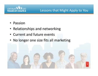 LessonsthatMightApplytoYou
• PassionPassion
• Relationshipsandnetworking
C d f• Currentandfutureevents
• Nolongeronesizefitsallmarketing
 