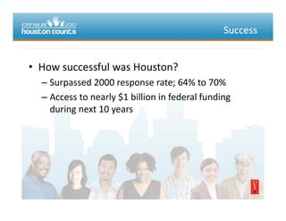 Success
• How successful was Houston?HowsuccessfulwasHouston?
– Surpassed2000responserate;64%to70%
Access to nearly $1 billion in federal funding– Accesstonearly$1billioninfederalfunding
duringnext10years
 