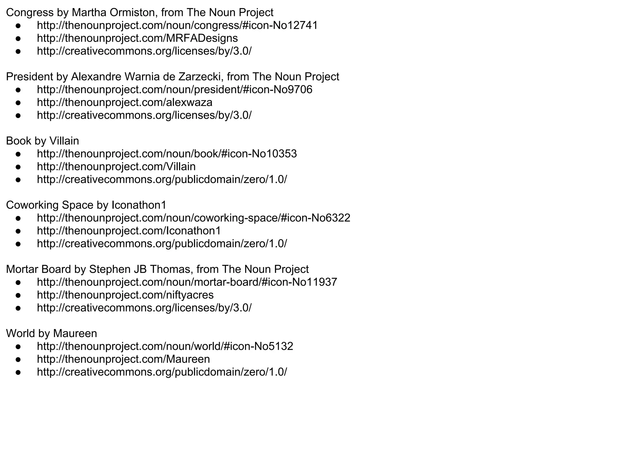 Congress by Martha Ormiston, from The Noun Project
 ● http://thenounproject.com/noun/congress/#icon-No12741
 ● http://thenounproject.com/MRFADesigns
 ● http://creativecommons.org/licenses/by/3.0/

President by Alexandre Warnia de Zarzecki, from The Noun Project
 ● http://thenounproject.com/noun/president/#icon-No9706
 ● http://thenounproject.com/alexwaza
 ● http://creativecommons.org/licenses/by/3.0/

Book by Villain
 ● http://thenounproject.com/noun/book/#icon-No10353
 ● http://thenounproject.com/Villain
 ● http://creativecommons.org/publicdomain/zero/1.0/

Coworking Space by Iconathon1
 ● http://thenounproject.com/noun/coworking-space/#icon-No6322
 ● http://thenounproject.com/Iconathon1
 ● http://creativecommons.org/publicdomain/zero/1.0/

Mortar Board by Stephen JB Thomas, from The Noun Project
 ● http://thenounproject.com/noun/mortar-board/#icon-No11937
 ● http://thenounproject.com/niftyacres
 ● http://creativecommons.org/licenses/by/3.0/

World by Maureen
 ● http://thenounproject.com/noun/world/#icon-No5132
 ● http://thenounproject.com/Maureen
 ● http://creativecommons.org/publicdomain/zero/1.0/
 