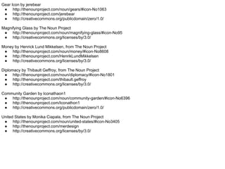 Gear Icon by jerebear
 ● http://thenounproject.com/noun/gears/#icon-No1063
 ● http://thenounproject.com/jerebear
 ● http://creativecommons.org/publicdomain/zero/1.0/

Magnifying Glass by The Noun Project
 ● http://thenounproject.com/noun/magnifying-glass/#icon-No95
 ● http://creativecommons.org/licenses/by/3.0/

Money by Henrick Lund Mikkelsen, from The Noun Project
 ● http://thenounproject.com/noun/money/#icon-No8608
 ● http://thenounproject.com/HenrikLundMikkelsen
 ● http://creativecommons.org/licenses/by/3.0/

Diplomacy by Thibault Geffroy, from The Noun Project
 ● http://thenounproject.com/noun/diplomacy/#icon-No1801
 ● http://thenounproject.com/thibault.geffroy
 ● http://creativecommons.org/licenses/by/3.0/

Community Garden by Iconathaon1
 ● http://thenounproject.com/noun/community-garden/#icon-No6396
 ● http://thenounproject.com/Iconathon1
 ● http://creativecommons.org/publicdomain/zero/1.0/

United States by Monika Ciapala, from The Noun Project
 ● http://thenounproject.com/noun/united-states/#icon-No3405
 ● http://thenounproject.com/merdesign
 ● http://creativecommons.org/licenses/by/3.0/
 