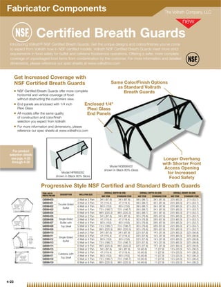 Fabricator Components                                                                                                                                         The Vollrath Company, LLC




                                          Certified Breath Guards
  Introducing Vollrath® NSF Certified Breath Guards. Get the unique designs and colors/finishes you’ve come
  to expect from Vollrath now in NSF certified models. Vollrath NSF Certified Breath Guards meet more strict
  requirements in food safety for buffet and cafeteria foodservice operations. Offering a safer, more complete
  coverage of unpackaged food items from contamination by the customer. For more information and detailed
  dimensions, please reference our spec sheets at www.vollrathco.com


       Get Increased Coverage with
       NSF Certiﬁed Breath Guards                                                                           Same Color/Finish Options
                                                                                                              as Standard Vollrath
       Q    NSF Certified Breath Guards offer more complete                                                      Breath Guards
            horizontal and vertical coverage of food
            without obstructing the customers view.
       Q    End panels are enclosed with 1/4 inch                                  Enclosed 1/4
            Plexi Glass                                                             Plexi Glass
       Q    All models offer the same quality                                       End Panels
            of construction and color/finish
            selection you expect from Vollrath
       Q    For more information and dimensions, please
            reference our spec sheets at www.vollrathco.com




   For product
 selection details
  see pgs. 4-25                                                                                                                                              Longer Overhang
  through 4-30
                                                                                                                                                             with Shorter Front
                                                                                                      Model NGB98402
                                                                                                   shown in Black 80% Gloss
                                                                                                                                                              Access Opening
                                                              Model NPB89282                                                                                   for Increased
                                                           shown in Black 80% Gloss
                                                                                                                                                                Food Safety
                                          Progressive Style NSF Certified and Standard Breath Guards
                                          ITEM: ADD N                                               OVERALL WIDTH IN (CM)           OVERALL DEPTH: IN (CM)         OVERALL HEIGHT: IN (CM)
                                                              DESCRIPTION     WELL/PAN SIZE
                                          PREFIX FOR NSF                                         NSF ITEM       STANDARD ITEM     NSF ITEM      STANDARD ITEM    NSF ITEM      STANDARD ITEM
                                          GB98400                            2 Well or 2 Pan    341⁄2 (87.6)     341⁄2 (87.6)    391⁄4 (99.7)    341⁄2 (87.6)   233⁄4 (60.3)     211⁄8 (53.7)
                                          GB98401                            3 Well or 3 Pan    47 (119.4)        47 (119.4)     391⁄4 (99.7)    341⁄2 (87.6)   233⁄4 (60.3)     211⁄8 (53.7)
    PLEXI GLASS                                             Double-Sided
     END PANEL
      ON NSF
                                          GB98402                            4 Well or 4 Pan    601⁄4 (153)       601⁄4 (153)    391⁄4 (99.7)    341⁄2 (87.6)   233⁄4 (60.3)     211⁄8 (53.7)
    MODEL ONLY                                                 Buffet
                                          GB98403                            5 Well or 5 Pan   731⁄2 (186.7)     731⁄2 (186.7)   391⁄4 (99.7)    341⁄2 (87.6)   233⁄4 (60.3)     211⁄8 (53.7)
                                          GB98404                            6 Well or 6 Pan   863⁄4 (220.3)     863⁄4 (220.3)   391⁄4 (99.7)    341⁄2 (87.6)   233⁄4 (60.3)     211⁄8 (53.7)
                                          GB98405                            2 Well or 2 Pan   341⁄2 (87.6)      341⁄2 (87.6)    301⁄4 (76.8)    265⁄8 (67.6)   233⁄4 (60.3)     211⁄8 (53.7)
                                          GB98406            Single-Sided    3 Well or 3 Pan    47 (119.4)        47 (119.4)     301⁄4 (76.8)    265⁄8 (67.6)   233⁄4 (60.3)     211⁄8 (53.7)
       PLEXI GLASS
        END PANEL
         ON NSF
                                          GB98407             Buffet with    4 Well or 4 Pan    601⁄4 (153)       601⁄4 (153)    301⁄4 (76.8)    265⁄8 (67.6)   233⁄4 (60.3)     211⁄8 (53.7)
       MODEL ONLY
                                          GB98408              Top Shelf     5 Well or 5 Pan   731⁄2 (186.7)     731⁄2 (186.7)   301⁄4 (76.8)    265⁄8 (67.6)   233⁄4 (60.3)     211⁄8 (53.7)
                                          GB98409                            6 Well or 6 Pan   863⁄4 (220.3)     863⁄4 (220.3)   301⁄4 (76.8)    265⁄8 (67.6)   233⁄4 (60.3)     211⁄8 (53.7)
                                          GB98410                            2 well or 2 Pan    341⁄2 (87.6)     341⁄2 (87.6)    223⁄4 (57.8)    147⁄8 (37.8)   233⁄4 (60.3)     223⁄8 (56.8)
                                          GB98411                            3 Well or 3 Pan    47 (119.4)        47 (119.4)     223⁄4 (57.8)    147⁄8 (37.8)   233⁄4 (60.3)     223⁄8 (56.8)
                                PLEXI
                                GLASS                        Single-Sided
                              END PANEL   GB98412                            4 Well or 4 Pan    601⁄4 (153)       601⁄4 (153)    223⁄4 (57.8)    147⁄8 (37.8)   233⁄4 (60.3)     223⁄8 (56.8)
                               ON NSF                           Buffet
                                MODEL
                                 ONLY
                                          GB98413                            5 Well or 5 Pan   731⁄2 (186.7)     731⁄2 (186.7)   223⁄4 (57.8)    147⁄8 (37.8)   233⁄4 (60.3)     223⁄8 (56.8)
                                          GB98414                            6 Well or 6 Pan   863⁄4 (220.3)     863⁄4 (220.3)   223⁄4 (57.8)    147⁄8 (37.8)   233⁄4 (60.3)     223⁄8 (56.8)
                                          GB98415                            2 Well or 2 Pan   341⁄2 (87.6)      341⁄2 (87.6)     16 (40.6)       11 (27.9)     131⁄8 (33.3)     141⁄4 (36.2)
                                          GB98416                            3 Well or 3 Pan    47 (119.4)        47 (119.4)      16 (40.6)       11 (27.9)     131⁄8 (33.3)     141⁄4 (36.2)
                                                            Cafeteria with
                PLEXI GLASS               GB98417                            4 Well or 4 Pan    601⁄4 (153)       601⁄4 (153)     16 (40.6)       11 (27.9)     131⁄8 (33.3)     141⁄4 (36.2)
                 END PANEL
                                                             Top Shelf
                  ON NSF
                MODEL ONLY
                                          GB98418                            5 Well or 5 Pan   731⁄2 (186.7)     731⁄2 (186.7)    16 (40.6)       11 (27.9)     131⁄8 (33.3)     141⁄4 (36.2)
                                          GB98419                            6 Well or 6 Pan   863⁄4 (220.3)     863⁄4 (220.3)    16 (40.6)       11 (27.9)     131⁄8 (33.3)     141⁄4 (36.2)




4-23
 
