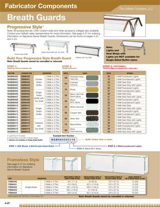 Fabricator Components                                                                                                                                            The Vollrath Company, LLC


 Breath Guards
 Progressive Style{
 Note: All accessories are 120V. Custom sizes and other accessory voltages also available.
 Contact your Vollrath sales representative for more information. See page 5-31 for ordering
 information on Signature Server Breath Guards. Dimensions can be found on pages 4-23
 and 4-24.


                                                                                                                                               Note:
                                                                                                                                                                Single-sided Buffet
                                                                                                                                               Lights and
                                                   Single-sided Buffet with Top Shelf
                Double-sided Buffet                                                                                                            Heat Strips with
                                                                                                     Cafeteria with Top Shelf                  Lights are NOT available for
 Build Your Progressive Style Breath Guard                                                                                                     Single-Sided Buffet styles
 Note: Breath Guards cannot be cancelled or returned.

 STEP 1:                                                                         STEP 2:                                                   STEP 3: ( OPTIONAL )
 CHOOSE NSF ITEM OR STANDARD ITEM                                                CHOOSE COLOR SUFFIX                                       CHOOSE OPTIONAL ACCESSORIES (ONLY CHOOSE ONE)}


     NSF ITEM            STANDARD ITEM               DESCRIPTION                   SUFFIX                      COLOR                           SUFFIX                     OPTIONS|

  NGB98400               GB98400                     2 Well or 2 Pan                         Standard Gray                                      25          2 Well Fluorescent Lights
                                                                                        99
  NGB98401               GB98401          Double- 3 Well or 3 Pan                            Hammer                                             15          2 Well Incandescent Lights
  NGB98402               GB98402           Sided     4 Well or 4 Pan                         Polished                                           35          2 Well Heat Strip
                                                                                        00
  NGB98403               GB98403           Buffet    5 Well or 5 Pan                         Chrome                                             12          2 Well Heat Strip with Lights
  NGB98404               GB98404                     6 Well or 6 Pan                                                                            26          3 Well Fluorescent Lights
                                                                                        10   Brass
  NGB98405               GB98405                     2 Well or 2 Pan                                                                            31          3 Well Incandescent Lights
                                           Single-
  NGB98406               GB98406                     3 Well or 3 Pan                         Black Hammer                                       36          3 Well Heat Strip
                                           Sided                                        20
  NGB98407               GB98407                     4 Well or 4 Pan                         Semi-Gloss                                         41          3 Well Heat Strip with Lights
                                         Buffet with
  NGB98408               GB98408                     5 Well or 5 Pan                         Black                                              27          4 Well Fluorescent Lights
                                         Top Shelf                                      30
  NGB98409               GB98409                     6 Well or 6 Pan                         80% Gloss                                          32          4 Well Incandescent Lights
  NGB98410               GB98410                     2 well or 2 Pan                                                                            37          4 Well Heat Strip
                                                                                        40   White Hammer
  NGB98411               GB98411           Single-   3 Well or 3 Pan                                                                            42          4 Well Heat Strip with Lights
  NGB98412               GB98412           Sided     4 Well or 4 Pan                                                                            28          5 Well Fluorescent Lights
                                                                                        50   Copper Vein
  NGB98413               GB98413           Buffet    5 Well or 5 Pan                                                                            33          5 Well Incandescent Lights
  NGB98414               GB98414                     6 Well or 6 Pan                                                                            38          5 Well Heat Strip
                                                                                        60   Silver Vein
  NGB98415               GB98415                     2 Well or 2 Pan                                                                            43          5 Well Heat Strip with Lights
  NGB98416               GB98416          Cafeteria 3 Well or 3 Pan                                                                             29          6 Well Fluorescent Lights
                                                                                        70   Black/White
  NGB98417               GB98417            with     4 Well or 4 Pan                                                                            34          6 Well Incandescent Lights
  NGB98418               GB98418         Top Shelf 5 Well or 5 Pan                           Silver                                             39          6 Well Heat Strip
                                                                                        80
  NGB98419               GB98419                     6 Well or 6 Pan                         Hammertone                                         44          6 Well Heat Strip with Lights
 { Lead time of 4 6 weeks
   L d ti        f 4-6   k                                          Example Item Number
 | All heat strips come with On-Board Toggle
 } Options not available on Single-Sided Buffet                    NGB98400 3015                                   Suffix Codes: Refer to tables


      STEP 1: NSF Model, 2 Well Double-Sided Buffet                                                                                              STEP 3: 2 Well Incandescent Lights
                                                                                                      STEP 2: Black 80% Gloss




 Frameless Style
 See page 5-31 for ordering
 information on Signature
 Server Breath Guards.

                                                                                    WIDTH INSIDE FLANGE TO       WIDTH OUTSIDE FLANGE TO     DEPTH OUTSIDE FLANGE TO         HEIGHT COUNTER TO
     ITEM                                     DESCRIPTION                           INSIDE FLANGE: IN (CM)       OUTSIDE FLANGE: IN (CM)      OUTSIDE FLANGE: IN (CM)   TOP OF BREATH GUARD: IN (CM)

     FB89400                                             2 Well or 2 Pan                  301⁄2 (77.5)                 33 (83.8)                 103/4 (27.3)                    13 (33)
     FB89401                                             3 Well or 3 Pan                  43 (109.2)                 451/2 (115.6)               103/4 (27.3)                    13 (33)
     FB89402                   Single-Sided              4 Well or 4 Pan                 561⁄4 (142.9)               583/4 (149.2)               103/4 (27.3)                    13 (33)
     FB89403                                             5 Well or 5 Pan                 691⁄2 (176.5)                72 (182.9)                 103/4 (27.3)                    13 (33)
     FB89404                                             6 Well or 6 Pan                  823⁄4 (210)                851/4 (216.5)               103/4 (27.3)                    13 (33)
 1
     Breath guards ship FOB factory. (Canandaigua, NY)                                                   Note: Breath Guards cannot be cancelled or returned.


4-27
 