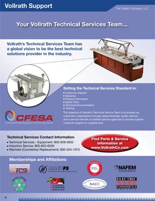 Vollrath Support                                                                        The Vollrath Company, LLC




            Your Vollrath Technical Services Team...


     Vollrath’s Technical Services Team has
     a global vision to be the best technical
     solutions provider in the industry.




                                          Setting the Technical Services Standard in:
                                          Q   Customer Support
                                          Q   Warranty
                                          Q   Product Information
                                          Q   Spare Parts
                                          Q   Technical Documentation
                                          Q   Training
                                          The objective of Vollrath’s Technical Service Team is to exceed our
                                          customers’ expectations through responsiveness, quality service,
                                          and a service network of certified service agencies to provide superior
                                          customer support on a global level.




     Technical Services Contact Information
                                                                  Find Parts & Service
     Q Technical Services - Equipment: 800-628-0832                  information at
     Q Induction Service: 800-825-6036

     Q Warmers (Countertop Replacement): 800-354-1970
                                                                  www.VollrathCo.com


         Memberships and Afﬁliations




xi
 
