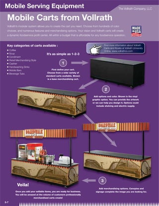Mobile Serving Equipment                                                                              The Vollrath Company, LLC


 Mobile Carts from Vollrath
 Vollrath’s modular system allows you to create the cart you need. Choose from hundreds of color
 choices, and numerous features and merchandising options. Your vision and Vollrath carts will create
 a dynamic foodservice proﬁt center. All within a budget that is affordable for any foodservice operation.



 Key categories of carts available :                                                    Find more information about Vollrath
                                                                                        Carts and Kiosks at Vollrath University
 Q    Coffee                                                                            Online. www.vollrathco.com
 Q    Soup                              It’s as simple as 1-2-3
 Q    Condiment
 Q    Retail Merchandising Style
 Q    Cashier                                         1
 Q    Handwashing Sinks
 Q    Mobile Bars                            First deﬁne your cart.
 Q    Beverage Tubs                     Choose from a wide variety of
                                       standard carts available. Shown
                                        is a base merchandising cart.




                                                                                        2
                                                                             Add options and color. Shown is the vinyl
                                                                            graphic option. You can provide the artwork
                                                                            or we can help you design it. Options could
                                                                               include shelving and electric supply.




                                                                                    3
             Voila!
                                                                                  Add merchandising options. Canopies and
           Once you add your sellable items, you are ready for business.       signage complete the image you are looking for.
           You will be amazed at the volume of customers professionally
                           merchandised carts create!

5-7
 