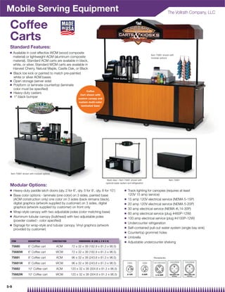 Mobile Serving Equipment                                                                                                                               The Vollrath Company, LLC


 Coffee
 Carts
 Standard Features:
 Q    Available in cost effective WCM (wood composite
                                                                                                                                      Item 75681 shown with
      material) or lightweight ACM (aluminum composite                                                                                modular options
      material). Standard ACM carts are available in black,
      white, or silver. Standard WCM carts are available in
      Harvest Cherry, Natural Maple, Castle Oak, or Black
 Q    Black toe kick or painted to match pre-painted
      white or silver ACM bases
 Q    Open storage (server side)
 Q    Polyform or laminate countertop (laminate
      color must be speciﬁed)
                                                          Coffee
 Q    Heavy-duty casters
                                                     Cart shown with
 Q    1 black bumper                               custom canopy and
                                                               custom multi-color
                                                                 laminated base




  Item 75681 shown with modular options

                                                                                           Back view – Item 75681 shown with                           Item 75681
                                                                                          optional water system and refrigeration
 Modular Options:
 Q    Heavy-duty paddle latch doors (qty. 2 for 6', qty. 5 for 8', qty. 6 for 10')                           Q   Track lighting for canopies (requires at least
 Q    Base color options - laminate (one color) on 3 sides, painted base                                         120V 15 amp service)
      (ACM construction only) one color on 3 sides (back remains black),                                     Q   15 amp 120V electrical service (NEMA 5-15P)
      digital graphics (artwork supplied by customer) on 3 sides, digital                                    Q   20 amp 120V electrical service (NEMA 5-20P)
      graphics (artwork supplied by customer) on front only                                                  Q   30 amp electrical service (NEMA #L14-30P)
 Q    Wrap-style canopy with two adjustable poles (color matching base)                                      Q   60 amp electrical service (plug #460P-12W)
 Q    Aluminum tubular canopy (bulkhead) with two adjustable poles                                           Q   100 amp electrical service (plug #4100P-12W)
      (powder coated - color speciﬁed)
                                                                                                             Q   Undercounter refrigeration
 Q    Signage for wrap-style and tubular canopy. Vinyl graphics (artwork
                                                                                                             Q   Self-contained pull-out water system (single bay sink)
      provided by customer)
                                                                                                             Q   Countertop grommet holes
                                                                                                             Q   Umbrella
  ITEM            DESCRIPTION             CONSTRUCTION         DIMENSIONS: IN (CM) (L X W X H)               Q   Adjustable undercounter shelving
  75680           6' Coffee cart             ACM         72 x 32 x 38 (182.9 x 81.3 x 96.5)
  75680W          6' Coffee cart            WCM          72 x 32 x 38 (182.9 x 81.3 x 96.5)
  75681           8' Coffee cart             ACM         96 x 32 x 38 (243.8 x 81.3 x 96.5)                                             Receptacles

  75681W          8' Coffee cart            WCM          96 x 32 x 38 (243.8 x 81.3 x 96.5)                      120V          120V     120-208/240V   125/250V     125/250V

  75682           10' Coffee cart            ACM         120 x 32 x 38 (304.8 x 81.3 x 96.5)
  75682W          10' Coffee cart           WCM          120 x 32 x 38 (304.8 x 81.3 x 96.5)                                              L




5-9
 