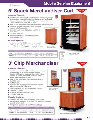 vollrathco.com
                                                                       Mobile Serving Equipment

5' Snack Merchandiser Cart
Standard Features:
Q   Available in cost effective WCM (wood composite material) or lightweight
    ACM (aluminum composite material). Standard ACM carts are available
    in black, white, or silver. Standard WCM carts are available in Harvest
    Cherry, Natural Maple, Castle Oak, or Black
Q   Black toe kick or painted to match pre-painted white or silver ACM bases
Q   Indoor cart base with heavy-duty casters, mobile for
    transport or for ﬂoor cleaning
Q   Shelves for snack boxes display case quantities of
    snack items
Q   1 bumper (black only)
Q   Wing wall door with lock, allows for storage and
    protects against theft

Modular Options:
Q   Laminated base (ALL SIDES, interior remains black)
Q   ACM sign with vinyl graphic attached to top of cabinet
                                                                               Item 75734 shown
Q   15 amp electrical service (NEMA 5-15P), lights available                   with modular options


ITEM         DESCRIPTION                      CONSTRUCTION        DIMENSIONS: IN (CM) (L X W X H)          Receptacle

75734        5' Snack merchandising cabinet         ACM       60 x 84 x 28 (152 x 213 x 71)                  120V              Item 75734, open, shown
                                                                                                                               with modular options
75734W       5' Snack merchandising cabinet         WCM       60 x 84 x 28 (152 x 213 x 71)




3' Chip Merchandiser
Standard Features:
Q   Available in cost effective WCM (wood composite material)
    or lightweight ACM (aluminum composite material).
    Standard ACM carts are available in black, white, or silver.
    Standard WCM carts are available in Harvest Cherry,
    Natural Maple, Castle Oak, or Black
Q   Black toe kick or painted to match pre-painted white or
    silver ACM bases
Q   ACM backwall
Q   Weathered gray or global pine slatwall accepts standard
    hooks to merchandise snack items
Q   Heavy-duty paddle latch door provides locking storage                           Item 75733, opposite
                                                                                    angle, shown with
Q   Laminated countertop                                                            modular options
Q   Indoor cart base with heavy-duty casters
Q   1 bumper (black only)

Modular Options:
Q   Laminated base (three sides only, backside remains black)
Q   Custom painted base (ACM construction only) one color, three sides,
    backside remains black
Q   Vinyl graphics applied directly to ACM backwall topper

ITEM         DESCRIPTION             CONSTRUCTION         DIMENSIONS: IN (CM) (L X W X H)

75733        3' Chip merchandiser       ACM          32 x 36 x 76 (81.3 x 91.4 x 193)

75733W       3' Chip merchandiser      WCM           32 x 36 x 76 (81.3 x 91.4 x 193)
                                                                                                           Item 75733 shown with modular options



                                                                                                                                                         5-10
 