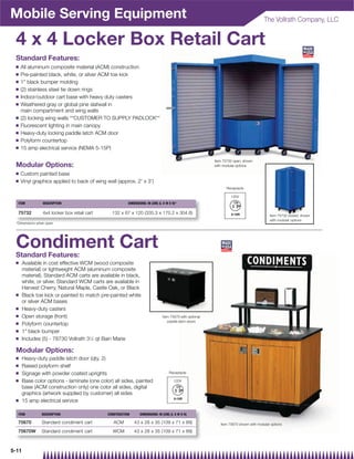 Mobile Serving Equipment                                                                                                               The Vollrath Company, LLC


 4 x 4 Locker Box Retail Cart
 Standard Features:
 Q   All aluminum composite material (ACM) construction
 Q   Pre-painted black, white, or silver ACM toe kick
 Q   1 black bumper molding
 Q   (2) stainless steel tie down rings
 Q   Indoor/outdoor cart base with heavy duty casters
 Q   Weathered gray or global pine slatwall in
     main compartment and wing walls
 Q   (2) locking wing walls **CUSTOMER TO SUPPLY PADLOCK**
 Q   Fluorescent lighting in main canopy
 Q   Heavy-duty locking paddle latch ACM door
 Q   Polyform countertop
 Q   15 amp electrical service (NEMA 5-15P)

                                                                                                          Item 75732 open, shown
 Modular Options:                                                                                         with modular options

 Q   Custom painted base
 Q   Vinyl graphics applied to back of wing wall (approx. 2' x 3')
                                                                                                                Receptacle

                                                                                                                   120V
   ITEM          DESCRIPTION                             DIMENSIONS: IN (CM) (L X W X H)*

   75732         4x4 locker box retail cart     132 x 67 x 120 (335.3 x 170.2 x 304.8)
                                                                                                                                          Item 75732 closed, shown
                                                                                                                                          with modular options
  *Dimensions when open




 Condiment Cart
 Standard Features:
 Q     Available in cost effective WCM (wood composite
       material) or lightweight ACM (aluminum composite
       material). Standard ACM carts are available in black,
       white, or silver. Standard WCM carts are available in
       Harvest Cherry, Natural Maple, Castle Oak, or Black
 Q     Black toe kick or painted to match pre-painted white
       or silver ACM bases
 Q     Heavy-duty casters
 Q     Open storage (front)                                                    Item 75670 with optional
                                                                                  paddle latch doors
 Q     Polyform countertop
 Q     1 black bumper
 Q     Includes (5) - 78730 Vollrath 31⁄2 qt Bain Marie

 Modular Options:
 Q     Heavy-duty paddle latch door (qty. 2)
 Q     Raised polyform shelf
 Q     Signage with powder coated uprights                                          Receptacle

 Q     Base color options - laminate (one color) all sides, painted                    120V
       base (ACM construction only) one color all sides, digital
       graphics (artwork supplied by customer) all sides
 Q     15 amp electrical service

   ITEM         DESCRIPTION                   CONSTRUCTION      DIMENSIONS: IN (CM) (L X W X H)

   75670        Standard condiment cart          ACM         43 x 28 x 35 (109 x 71 x 89)                    Item 75670 shown with modular options

   75670W       Standard condiment cart         WCM          43 x 28 x 35 (109 x 71 x 89)



5-11
 