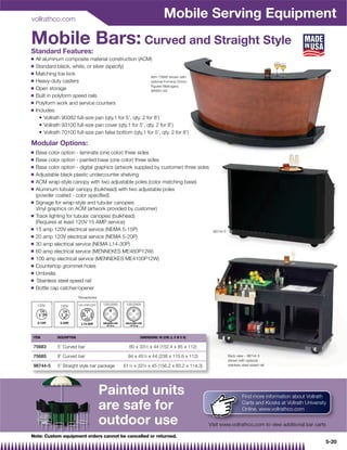 vollrathco.com
                                                                              Mobile Serving Equipment
Mobile Bars: Curved and Straight Style
Standard Features:
Q   All aluminum composite material construction (ACM)
Q   Standard black, white, or silver (specify)
Q   Matching toe kick
                                                     Item 75685 shown with
Q   Heavy-duty casters                               optional Formica Choco
                                                     Figured Mahogany
Q   Open storage                                     (#6933-43)
Q   Built in polyform speed rails
Q   Polyform work and service counters
Q   Includes:




Modular Options:
Q   Base color option - laminate (one color) three sides
Q   Base color option - painted base (one color) three sides
Q   Base color option - digital graphics (artwork supplied by customer) three sides
Q   Adjustable black plastic undercounter shelving
Q   ACM wrap-style canopy with two adjustable poles (color matching base)
Q   Aluminum tubular canopy (bulkhead) with two adjustable poles
    (powder coated - color speciﬁed)
Q   Signage for wrap-style and tubular canopies
    Vinyl graphics on ACM (artwork provided by customer)
Q   Track lighting for tubular canopies (bulkhead)
    (Requires at least 120V 15 AMP service)
Q   15 amp 120V electrical service (NEMA 5-15P)                                                    98744-5
Q   20 amp 120V electrical service (NEMA 5-20P)
Q   30 amp electrical service (NEMA L14-30P)
Q   60 amp electrical service (MENNEKES ME460P12W)
Q   100 amp electrical service (MENNEKES ME4100P12W)
Q   Countertop grommet holes
Q   Umbrella
Q    Stainless steel speed rail
Q   Bottle cap catcher/opener
                            Receptacles

    120V                    120-208/240V   125/250V    125/250V
               120V




                              L



ITEM          DESCRIPTION                                     DIMENSIONS: IN (CM) (L X W X H)

75683         5' Curved bar                              60 x 331⁄2 x 44 (152.4 x 85 x 112)

75685         8' Curved bar                             94 x 451⁄2 x 44 (238 x 115.6 x 112)                  Back view – 98744-5
                                                                                                             shown with optional
98744-5       5' Straight style bar package           611⁄2 x 323⁄4 x 45 (156.2 x 83.2 x 114.3)              stainless steel speed rail




                                           Painted units                                                               Find more information about Vollrath

                                           are safe for                                                                Carts and Kiosks at Vollrath University
                                                                                                                       Online. www.vollrathco.com

                                           outdoor use                                            Visit www.vollrathco.com to view additional bar carts

Note: Custom equipment orders cannot be cancelled or returned.
                                                                                                                                                             5-20
 