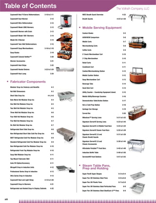 Table of Contents                                                                                                         The Vollrath Company, LLC
       Cayenne® Heat 'N Serve Rethermalizers           3-10 to 3-11       NSF2 Breath Guard Overview                             4-23

       Cayenne® Dual Warmer                                   3-12        Breath Guards                                   4-23 to 4-30

       Cayenne® Nitro Rethermalizer                           3-12

                                                                      Q
       Cayenne® Model 2000 Warmers                            3-13        Mobile Serving Equipment
       Cayenne® Warmer with Drain                             3-13
                                                                          Custom Kiosks                                           5-5
       Cayenne® Model 1001 Warmers                            3-14
                                                                          ACM/WCM Comparison                                      5-6
       Model SS-4 Warmer                                      3-14
                                                                          Mobile Carts                                            5-7
       Cayenne® Twin Well Rethermalizers                      3-15
                                                                          Merchandising Carts                                     5-8
       Cayenne® Soup Merchandisers                     3-16 to 3-18
                                                                          Coffee Carts                                            5-9
       Soup Kiosks                                            3-19
                                                                          5' Snack Merchandiser Cart                             5-10
       Cayenne® Colonial Kettles™                             3-20
                                                                          3' Chip Merchandiser                                   5-10
       Warmer Accessories                                     3-21
                                                                          Retail Carts                                           5-11
       Cayenne® Heat Strips                                   3-22
                                                                          Condiment Cart                                         5-11
       Cayenne® Heated Shelves                         3-23 to 3-24
                                                                          Cashier/Merchandising Station                          5-12
       Cayenne® Heat Lamp                                     3-24
                                                                          Mobile Cashier Station                                 5-12

                                                                          Soup Merchandiser Cart                                 5-13
   Q   Fabricator Components
                                                                          Beverage Tubs                                          5-14
       Modular Drop-Ins Features and Benefits                  4-3        Hand Sink Cart                                         5-14
       Hot Well Dimensions                                     4-3        Utility Counter – Countertop Equipment Island          5-15
       Short Side Drop-Ins                                 4-4, 4-8       Mobile Utility/Beverage Counters                       5-16
       Bain Marie Hot Modular Drop-Ins                         4-4        Demonstration Table/Action Station                     5-17
       One Well Hot Modular Drop-Ins                           4-5        Hot or Cold Prep Station                               5-18
       Two Well Hot Modular Drop-Ins                           4-5        Garbage Can Storage                                    5-19
       Three Well Hot Modular Drop-Ins                         4-6        Curved Bar                                             5-20
       Four Well Hot Modular Drop-Ins                          4-6        Milestone™ Serving Lines                        5-21 to 5-22
       Five Well Hot Modular Drop-Ins                          4-7        Signature Server® Serving Lines                 5-23 to 5-44
       Six Well Hot Modular Drop-Ins                           4-7        Signature Server® 2.0 Mobile Food Bars          5-23 to 5-24
       Refrigerated Short Side Drop-Ins                        4-8        Signature Server® Classic Food Bars             5-25 to 5-29
       Non-Refrigerated Short Side Cold Pan Drop-Ins           4-8        Signature Server® 2.0 and                       5-31 to 5-39
       NSF7 Refrigerated Cold Pan Modular Drop-Ins             4-9        Classic Breath Guards

       Standard Refrigerated Cold Pan Modular Drop-Ins         4-9        Signature Server® 2.0 and                       5-39 to 5-44
                                                                          Classic Accessories
       Non-Refrigerated Cold Pan Modular Drop-Ins             4-10
                                                                          Affordable Portable™ Food Bars                  5-45 to 5-48
       Refrigerated Frost-Top Modular Drop-Ins                4-10
                                                                          Induction Buffet Table                          5-49 to 5-50
       Soup Well Modular Drop-Ins                             4-11
                                                                          Servewell® Food Stations                        5-51 to 5-53
       Top-Mount Fabricator Well                              4-11

       Auto-Fill Option/Accessory                             4-11
                                                                      Q   Steam Table Pans,
       Mirage® Drop-In Induction Units                        4-12
                                                                          Prep and Holding
       Professional Series Drop-In Induction                  4-13
                                                                          Super Pan® Super Shapes                           6-3 to 6-4
       Ultra Series Drop-In Induction                         4-13
                                                                          Super Pan 3® Stainless Steel Pans                 6-5 to 6-6
       Cayenne® Heat and Light Strips                  4-14 to 4-20
                                                                          Super Pan 3® Plastic Pans                         6-7 to 6-8
       Cayenne® Drop-In Warmers                               4-21
                                                                          Super Pan 3® Stainless Steel Perforated Pans            6-9
       Refrigerated and Heated Drop-In Display Cabinets       4-22
                                                                          Super Pan 3® Stainless Steel SteelCoat x3™ Pans         6-9



xiii
 