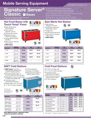 Mobile Serving Equipment                                                                                                                                                  The Vollrath Company, LLC

                                                                                                         ®
 Signature Server
                                                                                                                 Q   Optional 14 gauge work surface available
                                                                                                                 Q   Optional brushed stainless steel exterior ﬁnish
                                                                                                                     or choose from hundreds of laminate ﬁnishes

 Classic Bases
 Q   Upgraded 18 gauge stainless steel base
                                                                                                                 Q
                                                                                                                 Q
                                                                                                                 Q
                                                                                                                     18 or 16 gauge 300 series stainless steel counters and wells
                                                                                                                     300 series stainless steel work surfaces
                                                                                                                     Heavy-duty 4 (10 cm) swivel casters with brakes
     with standard black laminate                                                                                Q   51⁄4 (13.3 cm) clearance between ﬂoor and bottom of unit

 Hot Food Bases with                                                                                         Bain Marie Hot Station
 Touch-Temp® Panel                                                   Color options are endless!
                                                                     See Page 5-30 for details.
                                                                                                             Q   High-density
                                                                                                                 ﬁberglass insulation
 Q   High-density glass                                                                                      Q   Single dial control with
     ﬁber insulation                                                                                             thermostat control
 Q   Touch-Temp®                                                                                             Q   Single drain
     electronic control                                                                                      Q   625W heating elements
 Q   Optional dial controls                                                                                  Q   Drain hose on operator
 Q   Manifold hot well                                                                                           side of base
     drains are standard                                                                                     Q   NSF4 listed
 Q   Energy efﬁcient 625W
     elements
 Q   Drain hose on operator
     side of base                                                                                                                                                           Color options are endless!
 Q   NSF4 listed                                                                                                                                                            See Page 5-30 for details.

                          DIMENSIONS              ITEM                 ITEM                 ITEM                                     DIMENSIONS              ITEM                ITEM               ITEM
   DESCRIPTION            L X W: IN (CM)    H: 34 IN (86 CM)     H: 27 IN (69 CM)     H: 30 IN (76 CM)        DESCRIPTION            L X W: IN (CM)    H: 34 IN (86 CM)    H: 27 IN (69 CM)   H: 30 IN (76 CM)

   3-well                  46 x 28               37030              36230                 36130               3-well                   46 x 28            37047               36347                 36447
                          (117 x 71)                                                                                                 (117 x 71)
   4-well                  60 x 28               37040              36240                 36140               4-well                   60 x 28            37057               36357                 36457
                          (152 x 71)                                                                                                 (152 x 71)
   5-well                  74 x 28               37050              36250                 36150               5-well                   74 x 28            37067               36367                 36468
                          (188 x 71)                                                                                                 (188 x 71)
   6-well                   88 x 28              98888                 —                     —                6-well                   88 x 28            37077               36377                 36477
                          (224 x 71)                                                                                                 (224 x 71)



 NSF7 Cold Stations                                                                                          Cold Food Stations
 Q   NSF7 listed: Hold food                              Q     R134A refrigerant                             Q   8 (20.3 cm) deep well
     temperatures between 33˚F                           Q     Storage not available                         Q   11⁄2 (3.2 cm) drain standard
     and 41˚F (0.6˚C and 5˚C)                            Q     Drain hose and valve on                       Q   Foamed-in-place
 Q   Recessed display well is 3                               operator side of base                             polyurethane insulation
     (7.6 cm) below the work surface                                                                         Q   Drain hose and valve on
 Q   Refrigeration coils surround sides                                                                          operator side of base
     of recess and display well                                                                              Q   R134A refrigerant
 Q   Foamed-in-place
     polyurethane insulation
 Q   Display depth: 65⁄8 (16.8 cm)
 Q   11⁄2 (3.2 cm) drain standard

                                                                                                                 Color options are endless!
  Unit shown with
                                                                                                                 See Page 5-30 for details.
  steam table pans —
  order separately page
  6-5 through 6-9.                                                  Color options are endless!
                                                                    See Page 5-30 for details.                                                                               ITEM          ITEM         ITEM
                                                                                                              COLD PAN                              DIMENSIONS             H: 34 IN      H: 27 IN     H: 30 IN
                                 DIMENSIONS                   ITEM                        ITEM                DESCRIPTION                         (L X W) IN (CM)          H: 86 CM      H: 69 CM     H: 76 CM
   DESCRIPTION                  L X W: IN (CM)          H: 34 IN (86 CM)            H: 30 IN (76 CM)
                                                                                                              Non-refrigerated{|              46 x 28 (117 x 71)           37043         36243       36143
   Refrigerated                   46 x 28                  37046                       36146
   NSF7 station                 (117 x 71)                                                                    Refrigerated|                   46 x 28 (117 x 71)           37045         36245       36145
                                                                                                              Non-refrigerated{               60 x 28 (152 x 71)           37060         36260       36160
   Refrigerated                   60 x 28                  37066                       36166
   NSF7 station                 (152 x 71)                                                                    Refrigerated                    60 x 28 (152 x 71)           37065         36265       36165
                                                                                                              Non-refrigerated{               74 x 28 (188 x 71)           37070         36270       36170
   Refrigerated                   74 x 28                  37076                       36176
   NSF7 station                 (188 x 71)                                                                    Refrigerated                    74 x 28 (188 x 71)           37075         36275       36175
   Refrigerated                   88 x 28                  98710                          —                   Non-refrigerated{               88 x 28 (224 x 71)           98707              —          —
   NSF7 station                 (224 x 71)                                                                    Refrigerated                    88 x 28 (224 x 71)           98708              —          —
 Note: Signature Server® equipment orders
                                                                                                             { NSF Certiﬁed     | Storage not available on 46 cold pans
 cannot be cancelled or returned.
5-27
 