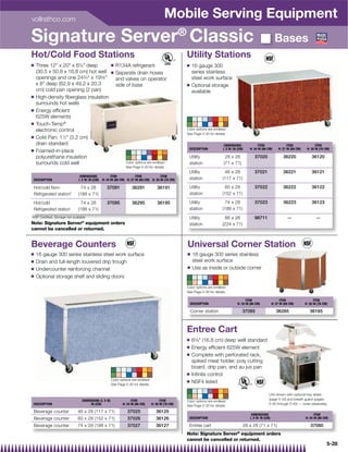 vollrathco.com
                                                                                            Mobile Serving Equipment
Signature Server® Classic                                                                                                                                           Bases
Hot/Cold Food Stations                                                                                Utility Stations
Q   Three 12 x 20 x 65⁄8 deep                      Q   R134A refrigerant                           Q   16 gauge 300
    (30.5 x 50.8 x 16.8 cm) hot well                  Q   Separate drain hoses                            series stainless
    openings and one 243⁄4 x 193⁄8                      and valves on operator                          steel work surface
    x 8 deep (62.9 x 49.2 x 20.3                         side of base                                Q   Optional storage
    cm) cold pan opening (2 pan)                                                                          available
Q   High-density ﬁberglass insulation
    surrounds hot wells
Q   Energy efﬁcient
    625W elements
Q   Touch-Temp®
    electronic control                                                                                Color options are endless!
                                                                                                      See Page 5-30 for details.
Q   Cold Pan: 11⁄2 (3.2 cm)
    drain standard                                                                                                            DIMENSIONS              ITEM                   ITEM                ITEM
                                                                                                       DESCRIPTION            L X W: IN (CM)    H: 34 IN (86 CM)       H: 27 IN (69 CM)    H: 30 IN (76 CM)
Q   Foamed-in-place
    polyurethane insulation                                                                            Utility                 28 x 28              37020                 36220               36120
    surrounds cold well                                         Color options are endless!             station                (71 x 71)
                                                                See Page 5-30 for details.
                                                                                                       Utility                 46 x 28              37021                 36221               36121
                               DIMENSIONS             ITEM             ITEM             ITEM
 DESCRIPTION                   L X W: IN (CM)   H: 34 IN (86 CM) H: 27 IN (69 CM) H: 30 IN (76 CM)     station               (117 x 71)

 Hot/cold Non-                  74 x 28            37091            36291              36191           Utility                 60 x 28              37022                 36222               36122
 Refrigerated station*         (188 x 71)                                                              station               (152 x 71)

 Hot/cold                       74 x 28            37095            36295              36195           Utility                 74 x 28              37023                 36223               36123
 Refrigerated station          (188 x 71)                                                              station               (188 x 71)
*NSF Certiﬁed, Storage not available                                                                   Utility                 88 x 28              98711                    —                   —
Note: Signature Server® equipment orders                                                               station               (224 x 71)
cannot be cancelled or returned.


Beverage Counters                                                                                     Universal Corner Station
Q   16 gauge 300 series stainless steel work surface                                                  Q    16 gauge 300 series stainless
Q   Drain and full-length louvered drip trough                                                             steel work surface
Q                                                                                                     Q    Use as inside or outside corner
    Undercounter reinforcing channel
Q   Optional storage shelf and sliding doors
                                                                                                      Color options are endless!
                                                                                                      See Page 5-30 for details.

                                                                                                                                              ITEM                      ITEM                    ITEM
                                                                                                          DESCRIPTION                   H: 34 IN (86 CM)          H: 27 IN (69 CM)        H: 30 IN (76 CM)

                                                                                                          Corner station                    37085                    36285                   36185



                                                                                                      Entree Cart
                                                                                                      Q   65⁄8 (16.8 cm) deep well standard
                                                                                                      Q   Energy efﬁcient 625W element
                                                                                                      Q   Complete with perforated rack,
                                                                                                          spiked meat holder, poly cutting
                                                                                                          board, drip pan, and au jus pan
                                                                                                      Q   Inﬁnite control
                                                      Color options are endless!
                                                                                                      Q   NSF4 listed
                                                      See Page 5-30 for details.

                                                                                                                                                              Unit shown with optional tray slides
                                 DIMENSIONS (L X W)                 ITEM                 ITEM                                                                 (page 5-43) and breath guard (pages
                                                                                                      Color options are endless!
 DESCRIPTION                          IN (CM)                 H: 34 IN (86 CM)     H: 30 IN (76 CM)                                                           5-30 through 5-40) — order separately.
                                                                                                      See Page 5-30 for details.
 Beverage counter              46 x 28 (117 x 71)                37025                36125
                                                                                                                                                 DIMENSIONS                                     ITEM
 Beverage counter              60 x 28 (152 x 71)                37026                36126            DESCRIPTION                               L X W: IN (CM)                           H: 34 IN (86 CM)

 Beverage counter              74 x 28 (188 x 71)                37027                36127            Entree cart                          28 x 28 (71 x 71)                                37080
                                                                                                                                        ®
                                                                                                      Note: Signature Server equipment orders
                                                                                                      cannot be cancelled or returned.
                                                                                                                                                                                                         5-28
 