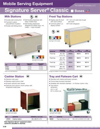 Mobile Serving Equipment                                                                                                                                 The Vollrath Company, LLC

  Signature Server® Classic                                                                                                                              Bases
  Milk Stations                                                                            Frost Top Stations
  Q    Double wall construction              Q   Self-leveling dispenser with              Q   Display area ﬁts ﬂush                  Q   1 (2.5 cm) wide drip trough
  Q    Foamed-in-place                           deep molded trays                             with work surface                          with drain
       polyurethane insulation               Q   Self leveling dispensers                  Q   Full frost pattern on                  Q   R134A refrigerant
  Q    Double wall sliding doors                 designed for plastic trays, not               display surface
                                                 crates — trays included




                                                                                           Color options are endless!
                                                                                           See Page 5-30 for details.




                                                                                                                   DIMENSIONS               ITEM                 ITEM               ITEM
                                                                                            DESCRIPTION            L X W: IN (CM)     H: 34 IN (86 CM)     H: 27 IN (69 CM)   H: 30 IN (76 CM)

                                                                                            Frost top              46 x 28                37012               36212               36112
                                                                                                                  (117 x 71)
                                                                                            Frost top              60 x 28                37013               36213               36113
                                                              Color options are endless!
                                                              See Page 5-30 for details.                          (152 x 71)
                                                                                            Frost top              74 x 28                37014               36214               36114
                                    WIDTH           CASE/CARTON            TRAY/CARTON                            (188 x 71)
     ITEM                          IN (CM)           CAPACITY*               CAPACITY

     37001                    60 (152)                6/288                  10/360         Frost top              88 x 28                36115               36116               36117
     37002                    74 (188)                8/384                  15/450                               (224 x 71)

  *Does not use self-dispensers                                                            Storage not available on Frost Top Bases




 Cashier Station                                                                           Tray and Flatware Cart
 Q    Operator side open                                                                   Q   Standard with twelve perforated cylinders
 Q    Stainless steel bottom shelf                                                         Q   Corner base bumpers standard
 Q    Accepts optional cash drawer                                                         Q   Available with standard stainless – or choose custom color
 Q    Optional cord cutout in work surface with                                            Q   Tray bottom
      receptacle inside base                                                                   dimension:
                                                                                               221⁄2 x 33
                                                                                               (57.2 x 83.8 cm)




      Color options are endless!                                                            Color options are endless!
      See Page 5-30 for details.                                                            See Page 5-30 for details.


      ITEM            DESCRIPTION                          DIMENSIONS (L X W): IN (CM)      ITEM             DESCRIPTION                                 DIMENSIONS (L X W X H): IN (CM)

        37015         Cashier station                         28 x 28 (71 x 71)             99305            Tray and flatware cart                38 x 221⁄2 x 34 (97 x 57 x 86)

 Note: Signature Server® equipment orders
 cannot be cancelled or returned.

5-29
 