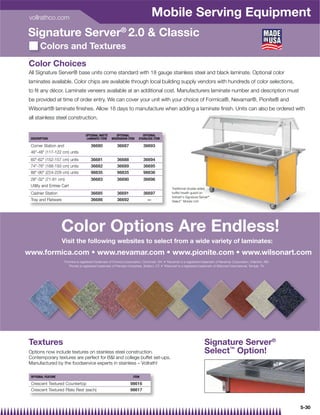 vollrathco.com
                                                                         Mobile Serving Equipment
Signature Server® 2.0  Classic
       Colors and Textures
Color Choices
All Signature Server® base units come standard with 18 gauge stainless steel and black laminate. Optional color
laminates available. Color chips are available through local building supply vendors with hundreds of color selections,
to ﬁt any décor. Laminate veneers available at an additional cost. Manufacturers laminate number and description must
be provided at time of order entry. We can cover your unit with your choice of Formica®, Nevamar®, Pionite® and
Wilsonart® laminate ﬁnishes. Allow 18 days to manufacture when adding a laminate ﬁnish. Units can also be ordered with
all stainless steel construction.


                              OPTIONAL MATTE      OPTIONAL         OPTIONAL
 DESCRIPTION                   LAMINATE ITEM   WOODGRAIN ITEM   STAINLESS ITEM

 Corner Station and              36680            36687            36693
 46-48 (117-122 cm) units
 60-62 (152-157 cm) units      36681            36688            36694
 74-76 (188-193 cm) units      36682            36689            36695
 88-90 (224-229 cm) units      98835            98835            98836
 28-32 (71-81 cm)              36683            36690            36696
 Utility and Entree Cart
                                                                                 Traditional double-sided
 Cashier Station                 36685            36691            36697         buffet breath guard on
                                                                                 Vollrath's Signature Server®
 Tray and Flatware               36686            36692              —           Select™ Mobile Unit




                    Color Options Are Endless!
                     Visit the following websites to select from a wide variety of laminates:




Textures                                                                                                 Signature Server®
Options now include textures on stainless steel construction.                                            Select™ Option!
Contemporary textures are perfect for BI and college buffet set-ups.
Manufactured by the foodservice experts in stainless – Vollrath!

 OPTIONAL FEATURE                                           ITEM

 Crescent Textured Countertop                             98616
 Crescent Textured Plate Rest (each)                      98617



                                                                                                                             5-30
 