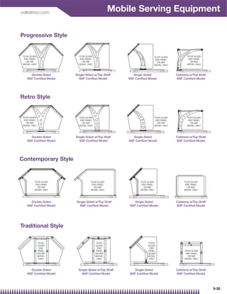 vollrathco.com
                                                  Mobile Serving Equipment

Progressive Style


 PLEXI GLASS               PLEXI GLASS                                     PLEXI GLASS           PLEXI GLASS
  END PANEL                 END PANEL                                       END PANEL             END PANEL
   ON NSF                    ON NSF                                          ON NSF                ON NSF
 MODEL ONLY                MODEL ONLY                                      MODEL ONLY            MODEL ONLY



      Double-Sided       Single-Sided w/Top Shelf        Single-Sided                    Cafeteria w/Top Shelf
    NSF Certiﬁed Model     NSF Certiﬁed Model         NSF Certiﬁed Model                 NSF Certiﬁed Model




Retro Style


 PLEXI GLASS               PLEXI GLASS                                     PLEXI GLASS           PLEXI GLASS
  END PANEL                 END PANEL                                       END PANEL             END PANEL
   ON NSF                    ON NSF                                          ON NSF                ON NSF
 MODEL ONLY                MODEL ONLY                                      MODEL ONLY            MODEL ONLY




      Double-Sided       Single-Sided w/Top Shelf        Single-Sided                    Cafeteria w/Top Shelf
    NSF Certiﬁed Model     NSF Certiﬁed Model         NSF Certiﬁed Model                 NSF Certiﬁed Model




Contemporary Style


          PLEXI GLASS               PLEXI GLASS              PLEXI GLASS                      PLEXI GLASS
           END PANEL                 END PANEL                END PANEL                        END PANEL
            ON NSF                    ON NSF                   ON NSF                           ON NSF
          MODEL ONLY                MODEL ONLY               MODEL ONLY                       MODEL ONLY




      Double-Sided       Single-Sided w/Top Shelf        Single-Sided                    Cafeteria w/Top Shelf
    NSF Certiﬁed Model     NSF Certiﬁed Model         NSF Certiﬁed Model                 NSF Certiﬁed Model




Traditional Style

                PLEXI                     PLEXI                    PLEXI
               GLASS                     GLASS                    GLASS
                END                       END                      END
               PANEL                     PANEL                    PANEL                        PLEXI GLASS
               ON NSF                    ON NSF                   ON NSF                        END PANEL
               MODEL                     MODEL                    MODEL                          ON NSF
                ONLY                      ONLY                     ONLY                        MODEL ONLY




      Double-Sided         Single-Sided w/Top Shelf      Single-Sided                    Cafeteria w/Top Shelf
    NSF Certiﬁed Model       NSF Certiﬁed Model       NSF Certiﬁed Model                 NSF Certiﬁed Model




                                                                                                                 5-32
 