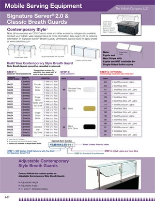 Mobile Serving Equipment                                                                                                                                   The Vollrath Company, LLC

 Signature Server® 2.0 
 Classic Breath Guards                                                                                                               Contemporary
                                                                                                                                     double-sided
                                                                                                                                     buffet breath

  Contemporary Style{
                                                                                                                                     guard on Vollrath’s
                                                                                                                                     Signature Server®
                                                                                                                                     Select™ mobile unit
  Note: All accessories are 120V. Custom sizes and other accessory voltages also available.
  Contact your Vollrath sales representative for more information. See page 5-31 for ordering
  information on Signature Server® Breath Guards. Dimensions can be found on spec sheets
  at www.vollrathco.com.



                                                                                                                                     Note:         Single-sided
                                                                                                                                                   Buffet
                                                  Single-sided Buffet with Top Shelf
                                                                                                                                     Lights and
           Double-sided Buffet
                                                                                                                                               s
                                                                                                                                     Heat Strips with
                                                                                                    Cafeteria with Top Shelf
                                                                                                                                     Lights are NOT available for
  Build Your Contemporary Style Breath Guard                                                                                         Single-Sided Buffet styles
  Note: Breath Guards cannot be cancelled or returned.
                                     *Standard item is shown. To
 STEP 1:                             select NSF item, please add N          STEP 2:                                            STEP 3: ( OPTIONAL )
 CHOOSE NSF* ITEM OR STANDARD ITEM   preﬁx to base item number                CHOOSE COLOR SUFFIX                                CHOOSE OPTIONAL ACCESSORIES (ONLY CHOOSE ONE)}

  SIGNATURE           SIGNATURE                   DESCRIPTION                   SUFFIX                    COLOR                      SUFFIX                     OPTIONS|
  SERVER® CLASSIC     SERVER® 2.0
  —                  CB98663                     2 Well or 2 Pan                                                                       64          2 Well Fluorescent Lights
  98637              CB98637          Double- 3 Well or 3 Pan
                                                                                                                                       52          2 Well Heat Strip
  98638              CB98638           Sided     4 Well or 4 Pan
                                                                                         Standard Gray
  98639              CB98639           Buffet    5 Well or 5 Pan                  99                                                   57          2 Well Heat Strip with Lights
                                                                                         Hammer
  98640              CB98640                     6 Well or 6 Pan                                                                       45          3 Well Fluorescent Lights
  —                  CB98662                     2 Well or 2 Pan
                                       Single-                                                                                         53          3 Well Heat Strip
  98651              CB98651                     3 Well or 3 Pan
                                       Sided                                                                                           58          3 Well Heat Strip with Lights
  98652              CB98652                     4 Well or 4 Pan
                                     Buffet with
  98653              CB98653                     5 Well or 5 Pan                                                                       14          4 Well Fluorescent Lights
                                     Top Shelf
  98654              CB98654                     6 Well or 6 Pan
                                                                                  10     Brass                                         54          4 Well Heat Strip
  —                  CB98661                     2 well or 2 Pan
  98633              CB98633           Single-   3 Well or 3 Pan                                                                       59          4 Well Heat Strip with Lights
  98634              CB98634           Sided     4 Well or 4 Pan                                                                       46          5 Well Fluorescent Lights
  98635              CB98635           Buffet    5 Well or 5 Pan
                                                                                                                                       55          5 Well Heat Strip
  98636              CB98636                     6 Well or 6 Pan
  —                  CB98660                     2 Well or 2 Pan                                                                       90          5 Well Heat Strip with Lights
  98650              CB98650          Cafeteria 3 Well or 3 Pan                          Black
                                                                                  30                                                   51          6 Well Fluorescent Lights
                                                                                         80% Gloss
  98626              CB98626            with     4 Well or 4 Pan
                                                                                                                                       56          6 Well Heat Strip
  98627              CB98627         Top Shelf 5 Well or 5 Pan
  98628              CB98628                     6 Well or 6 Pan                                                                       91          6 Well Heat Strip with Lights

 { Lead time of 4 6 weeks
   L d ti        f 4-6   k
 | All heat strips come with On-Board Toggle                     Example Item Number
 } Options not available on Single-Sided Buffet
                                                                NCB986289991                                   Suffix Codes: Refer to tables


  STEP 1: NSF Model, 6 Well Cafeteria with Top Shelf                                                                                   STEP 3: 6 Well Lights and Heat Strip
  for Signature Server® 2.0                                                                      STEP 2: Standard Gray Hammer



                 Adjustable Contemporary
                 Style Breath Guards
                 Contact Vollrath for custom quotes on
                 Adjustable Contemporary Style Breath Guards

                 Q   Adjustable Height
                 Q   Adjustable Angle
                 Q   1
                       ⁄4 and 3⁄8 Tempered Glass


5-37
 
