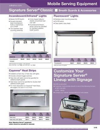 vollrathco.com
                                                                              Mobile Serving Equipment
Signature Server® Classic                                                                      Breath Guards  Accessories

Incandescent/Infrared* Lights                                                        Fluorescent* Lights
Q   Master On/Off Switch                Q     Cone shaped reﬂector                   Q   Stainless steel mounting assembly
Q   Accepts standard                          shields concentrate heat               Q   On/Off switch
    base incandescent                         over well                              Q   Clear plastic tube shield
    bulbs or heat lamps                 Q     Incandescent/infrared
    up to 250W                                lamps cannot be speciﬁed
Q   18-8 stainless steel                      for standard cafeteria
    mounting assembly                         breath guards




                          ITEM         ITEM         ITEM        ITEM        ITEM
                         ENTREE      L: 46 IN     L: 60 IN    L: 74 IN    L: 88 IN
 DESCRIPTION              UNIT      L: 117 CM    L: 152 CM   L: 188 CM   L: 224 CM

 Incandescent/          36440        36431        36432      36433       98625                                          ITEM        ITEM        ITEM        ITEM
                                                                                                                      L: 46 IN    L: 60 IN    L: 74 IN    L: 88 IN
 infrared                                                                             DESCRIPTION                    L: 117 CM   L: 152 CM   L: 188 CM   L: 224 CM

*Bulbs and lamps not supplied – order separately.
                                                                                      Fluorescent                    36421       36422       36423       98622
White 250W Bulb - Item 72242. Red 500W Bulb - Item 72241                             *Bulbs and lamps not supplied




Cayenne® Heat Strips                                                                 Customize Your
Q   Available as heat strip or heat strip with lights
Q

Q
    Includes onboard toggle switches
    Heat strip with lights cannot be speciﬁed for
                                                                                     Signature Server®
Q
    cafeteria breath guards
    Heat strips cannot be speciﬁed for double shelf
                                                                                     Lineup with Signage
    cafeteria breath guard                                                           Q   ACM construction
Q   For more information on Cayenne® Heat Strips,                                    Q   Customer must provide artwork in one of the following formats:
    see pages 3-22 and 4-14 to 4-20


                                                                                     Q   Contact your Vollrath representative for more details




                                     ITEM           ITEM        ITEM        ITEM
                                   L: 46 IN       L: 60 IN    L: 74 IN    L: 88 IN
 DESCRIPTION                      L: 117 CM      L: 152 CM   L: 188 CM   L: 224 CM

 Heat strip                       36401          36402        36403       98623
 Heat strip with lights           36411          36412        36413       98624

Note: Signature Server® equipment
orders cannot be cancelled or returned.

                                                                                                                                                                 5-40
 
