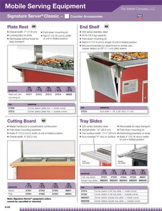 Mobile Serving Equipment                                                                                                                         The Vollrath Company, LLC

 Signature Server® Classic —                                                        Counter Accessories


 Plate Rest                                                                              End Shelf
 Q   Overall width: 7 (17.8 cm)        Q    Fold-down mounting kit                      Q   300 series stainless steel
 Q   Locking tabs on ends               Q    Add 4 (10.16 cm) to width                  Q   40 lb (18.2 kg) capacity
 Q   Removable without tools for             of unit in folded position                  Q   Fold-down mounting kit
     easy transport                                                                      Q   Add 41⁄2 (11.4 cm) to length of unit in folded position
                                                                                         Q   Not recommended for attachment to entrée cart,
                                                                                             cashier station or 28 (7.1 cm) utility station




                       ITEM         ITEM            ITEM            ITEM        ITEM
                     L: 28 IN     L: 46 IN        L: 60 IN        L: 74 IN    L: 88 IN
  DESCRIPTION        L: 71 CM    L: 117 CM       L: 152 CM       L: 188 CM   L: 224 CM

  Plate rest with    37511       37512           37513           37514        98829
  mounting kit


  ITEM                 DESCRIPTION

  37509                Corner station plate rest — inside corner                          ITEM                    DESCRIPTION

  37510                Corner station plate rest — outside corner                         37570                   End shelf — 18 x 28 (46 x 71 cm)



 Cutting Board                                                                           Tray Slides
 Q   Maple hardwood or polyethylene construction                                         Q   300 series stainless steel                     Q   Removable for easy transport
 Q   Fold-down mounting brackets                                                         Q   Overall width: 12 (30.5 cm)                   Q   Fold-down mounting kit
 Q   Adds 4 (10.2 cm) to width of unit in folded position                               Q   Tray surface width: 111⁄2 (29 cm)             Q   Interlocking brackets on ends
 Q   Overall width: 8 (20.3 cm)                                                         Q   Four inverted V ribs on surface              Q   Adds 4 (10.16 cm) to width
                                                                                                                                                of unit in folded position




                                                                                             V-rib                                          Tubular
                                                                                             tray slides                                    tray slides



                                                                                                                     ITEM          ITEM            ITEM        ITEM        ITEM
                                                                                                                   L: 28 IN      L: 46 IN        L: 60 IN    L: 74 IN    L: 88 IN
                                                                                          DESCRIPTION              L: 71 CM     L: 117 CM       L: 152 CM   L: 188 CM   L: 224 CM

                                                                                          V-rib tray slides        37521        37522           37523       37524       98831
                                                                                          Tubular tray slides     9882001 9882003 9882004 9882005 9882006
                       ITEM             ITEM                    ITEM            ITEM
                     L: 46 IN         L: 60 IN                L: 74 IN        L: 88 IN
  DESCRIPTION       L: 117 CM        L: 152 CM               L: 188 CM       L: 224 CM    ITEM             DESCRIPTION

  Wood              37551            37552                   37553           98851        37519            Corner station V-rib tray slide — inside corner
  Poly              37561            37562                   37563           98852        37520            Corner station V-rib tray slide — outside corner
                                                                                          9882007          Corner station tubular tray slide — inside corner
 Note: Signature Server® equipment orders
 cannot be cancelled or returned.                                                         9882008          Corner station tubular tray slide — outside corner

5-43
 