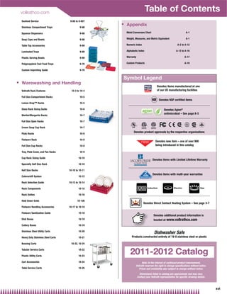 vollrathco.com
                                                                                Table of Contents
    Seafood Service                     9-66 to 9-657
                                                        Q
    Stainless Compartment Trays                 9-68
                                                             Appendix
    Squeeze Dispensers                          9-68         Metal Conversion Chart                                    A-1

    Soup Cups and Bowls                         9-68         Weight, Measures, and Metric Equivalent                   A-1

    Table Top Accessories                       9-69         Numeric Index                                     A-2 to A-12

    Laminated Trays                             9-69         Alphabetic Index                                A-13 to A-16

    Plastic Serving Bowls                       9-69         Warranty                                                 A-17

    Polypropylene Fast Food Trays               9-70         Custom Products                                          A-18

    Custom Imprinting Guide                     9-70


                                                            Symbol Legend
Q   Warewashing and Handling
                                                                                           Denotes items manufactured at one
    Vollrath Rack Features               10-3 to 10-4                                      of our US manufacturing facilities

    Full Size Compartment Racks                 10-5
                                                                                              Denotes NSF certified items
    Lemon Drop™ Racks                           10-5

    Glass Rack Sizing Guide                     10-6                                              Denotes Agion®
                                                                                                  antimicrobial – See page 8-3
    Martini/Margarita Racks                     10-7

    Full Size Open Racks                        10-7

    Cream Soup Cup Rack                         10-7

    Plate Racks                                 10-8
                                                                   Denotes product approvals by the respective organizations

    Flatware Rack                               10-8
                                                                                         Denotes new item – one of over 900
    Full Size Cup Racks                         10-8                                     being introduced in this catalog

    Tray, Plate Cover, and Pan Racks            10-9

    Cup Rack Sizing Guide                      10-10
                                                                                       Denotes items with Limited Lifetime Warranty
    Specialty Half Size Rack                   10-10

    Half Size Racks                    10-10 to 10-11
                                                                                       Denotes items with multi-year warranties
    Caterack® System                           10-12

    Rack Selection Guide               10-13 to 10-14

    Rack Components                            10-15                              Induction                Electric                  Gas

    Rack Dollies                               10-16

    Hold Down Grids                           10-126
                                                                              Denotes Direct Contact Heating System – See page 3-7
    Flatware Handling Accessories      10-17 to 10-18

    Flatware Sanitization Guide                10-18
                                                                                        Denotes additional product information is
    Dish Boxes                                 10-19                                    located at www.vollrathco.com
    Cutlery Boxes                              10-19

    Stainless Steel Utility Carts              10-20
                                                                                        Dishwasher Safe
    Heavy Duty Stainless Steel Carts           10-21             Products constructed entirely of 18-8 stainless steel or plastic

    Bussing Carts                       10-22, 10-24

    Tubular Service Carts

    Plastic Utility Carts
                                               10-22

                                               10-23
                                                                2011-2012 Catalog
    Cart Accessories                           10-24                       Note: In the interest of continued product improvement,
                                                                     Vollrath reserves the right to change specifications without notice.
    Table Service Carts                        10-25                    Prices and availability also subject to change without notice.
                                                                          Dimensions listed in catalog are approximate and may vary.
                                                                        Contact your Vollrath representative for specific drawing details.



                                                                                                                                             xvi
 