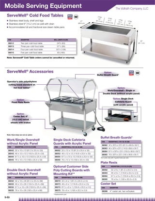 Mobile Serving Equipment                                                                                                       The Vollrath Company, LLC

 ServeWell® Cold Food Tables                                                                       2 Pan
                                                                                                    32          3 Pan
                                                                                                                                   4 Pan
 Q   Stainless steel body, shelf and legs                                              27      (81.3 cm         47 1⁄2                        5 Pan
                                                                                                        )     (119.4 cm            61 1⁄4
                                                                                    (68.6 cm)                            )                       76
 Q   Stainless steel 6 (15.2 cm) ice well with drain                                                                            (157 cm)
                                                                                                                                             (194.3 cm
                                                                                                                                                         )
 Q   Accommodates full and fractional size steam table pans




  ITEM              DESCRIPTION                 WELL LENGTH: IN (CM)
                                                                                                                                                                34
  38012             Two pan cold food table         243⁄ 4 (63)                                                                                              (87.7 cm)

  38013             Three pan cold food table       371⁄ 2 (95)
  38014             Four pan cold food table       501⁄ 4 (128)
  38015             Five pan cold food table         63 (160)

 Note: Servewell® Cold Table orders cannot be cancelled or returned.




 ServeWell® Accessories                                                                                 Option:
                                                                                                 Buffet Breath Guard†


 Operator's side polyethylene
  cutting board standard on
       hot food tables*                                                                                                  Option:
                                                                                                               Work/Overshelf – Single or
                                                                                                            Double Deck (without acrylic panel)

                                                                                                                             Option: Single Deck
              Option:
         Fixed Plate Rests                                                                                                     Cafeteria Guard
                                                                                                                             (with acrylic panel)



             Option:
         Caster Set: 4
        (10.2 cm) swivel
       wheels with brakes




 Note: Heat strips are not an option

                                                                                                      Buffet Breath Guards†
 Work/Single Overshelf                          Single Deck Cafeteria                                  ITEM       DESCRIPTION (L X W X H): IN (CM)
 without Acrylic Panel                          Guards with Acrylic Panel                              38062 32 x 353⁄ 8 x 231⁄ 2 (81.3 x 89.8 x 59.7)
  ITEM      DESCRIPTION (L X W X H): IN (CM)     ITEM      DESCRIP
                                                           DESCRIPTION
                                                           DESCRIPTION (L X W X H): IN (CM)
                                                                                H)     (CM
                                                                                       (CM)
                                                                                                       38063 46 x 353⁄ 8 x 231⁄ 2 (116.8 x 89.8 x 59.7)
  38042 32 x 10 x 13 (81.3 x 25.4 x 33)          38052 32 x 10 x 13 (81.3 x 25.4 x 33)                 38064 611⁄ 4 x 353⁄ 8 x 231⁄ 2 (155.6 x 89.8 x 59.7)
  38043 46 x 10 x 13 (116.8 x 25.4 x 33)         38053 46 x 10 x 13 (116.8 x 25.4 x 33)                38065 76 x 353⁄ 8 x 231⁄ 2 (193 x 89.8 x 59.7)
  38044 611⁄ 4 x 10 x 13 (155.6 x 25.4 x 33)     38054 611⁄ 4 x 10 x 13 (155.6 x 25.4 x 33)           †For units only with 4 guide holes per side
  38045 76 x 10 x 13 (193 x 25.4 x 33)           38055 76 x 10 x 13 (193 x 25.4 x 33)
                                                                                                      Plate Rests
                                                Optional Customer Side                                 ITEM           DESCRIPTION (L X W X H): IN (CM)

 Double Deck Overshelf                          Poly Cutting Boards with                               38092          32 x 8 x 1 (81.3 x 20.3 x 2.5)

 without Acrylic Panel                                                                                 38093          46 x 8 x 1 (116.8 x 20.3 x 2.5)
                                                Mounting Kit**
                                                                                                       38094          611⁄ 4 x 8 x 1 (155.6 x 20.3 x 2.5)
  ITEM      DESCRIPTION (L X W X H): IN (CM)     ITEM      DESCRIPTION (L X W X H): IN (CM)
                                                                                                       38095          76 x 8 x 1 (193 x 20.3 x 2.5)
  38032 32 x 10 x 26 (81.3 x 25.4 x 66)          38072 32 x 8 x 1 (81.3 x 20.3 x 2.5)
  38033 46 x 10 x 26 (116.8 x 25.4 x 66)         38073 46 x 8 x 1 (116.8 x 20.3 x 2.5)                Caster Set
               1                                              1
  38034 61 ⁄ 4 x 10 x 26 (155.6 x 25.4 x 66)     38074 61 ⁄ 4 x 8 x 1 (155.6 x 20.3 x 2.5)             ITEM         DESCRIPTION
  38035 76 x 10 x 26 (193 x 25.4 x 66)           38075 76 x 8 x 1 (193 x 20.3 x 2.5)                   38099        4 caster set, two w/brakes
                                                **Replacement part

5-53
 