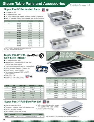 Steam Table Pans and Accessories                                                                                                                                      The Vollrath Company, LLC

 Super Pan 3® Perforated Pans
                                                                                                                                                                     90143
 Q    22 gauge (.8 mm)
 Q    300 series stainless steel
      1
 Q     ⁄ 4 (6mm) holes{ drain quickly, but sized to retain most foods
 Q    Ideal for steaming foods or draining away fats, juices or moisture
         PAN SIZE                   ITEM                             DEPTH: IN (MM)              CASE LOT

          1/1                     90013                               11⁄ 2 (40)                    6
                                  90053                                 2 (55)                      6
                                  90023                               21⁄ 2   (65)                  6
                                  90043                                4 (100)                      6
                                  90063                                6 (150)                      6                                      90243
                                                                        1
          1/2                     90213                               1 ⁄ 2 (40)                    6
                                  90223                               21⁄ 2 (65)                    6
                                  90243                                4 (100)                      6
                                  90263                                6 (150)                      6
          1/3                     90313                               11⁄ 2 (40)                    6
                                  90323                               21⁄ 2 (65)                    6
                                  90343                                4 (100)                      6
                                  90363                                6 (150)                      6                                                                90343

 { For 1 ⁄2, 2 and 2 ⁄2 depths, drain holes located in bottom only.
          1            1


 For 4” and 6 drain holes in sides and bottom.


                                                                                                                See pages 8-10,
                                                                                                                8-19, 8-20,                    Nylon Utensils –
 Super Pan 3® with                                                                                              8-22  8-24                    Great for use with
                                                                                                                                               Non-Stick Pans!
 Non-Stick Interior
 Q    300 series stainless steel
 Q    Dramatic black interior enhances both cold
      and hot food presentations
 Q    Triple bonded layer coating is the ﬁnest available
 Q    Cook, serve and display in the same pan
 Q    Interior surface is stain resistant
 Q    Temperature tolerance of -20˚ to 450˚ F
      (-28˚ to 230˚ C)                                                                                                                                                                       90047
 Q    Dishwasher safe
 Q    Not for use with metal utensils                                                                            PAN SIZE          ITEM            DEPTH: IN (MM)        CAPACITY: QT. (L)      CASE LOT

                                                                                                                   2/4            90527             21⁄ 2   (65)             3.9 (3.7)               6
                                                                                                                                  90547              4 (100)                  6 (5.7)                3
                                                                                                                   1/3            90327             21⁄ 2 (65)               2.5 (2.4)               6
      PAN SIZE             ITEM         DEPTH: IN (MM)                   CAPACITY: QT. (L)        CASE LOT                        90347              4 (100)                 3.9 (3.7)               6
       1/1            90017                11⁄ 2 (40)                         5.7 (5.4)                 6                         90367              6 (150)                 5.8 (5.5)               6
                      90027                21⁄ 2 (65)                          9 (8.5)                  6          1/4            90427             21⁄ 2 (65)               1.8 (1.7)               6
                      90047                  4 (100)                        14.2 (13.4)                 6                         90447              4 (100)                 2.7 (2.6)               6
       1/2            90217                11⁄ 2 (40)                         2.6 (2.4)                 6          1/6            90627             21⁄ 2 (65)               1.1 (1.1)               6
                      90227                21⁄ 2 (65)                          4 (3.8)                  6                         90647              4 (100)                 1.7 (1.6)               6
                      90247                  4 (100)                           6.3 (6)                  6                         90667              6 (150)                 2.4 (2.3)               6


 Super Pan 3® Full-Size Flex Lid
 Q    Low-density polyethylene                                                               Q   Safe to use in temperatures ranging
 Q    Translucent lids allow stacking for easy storage                                           from -20˚F to 190˚F (-28˚C to 88˚C)
 Q                                                                                           Q   Ideal for cold food storage
      Sanitary and easy to clean
 Q    Non-staining and dishwasher safe

  ITEM           DESCRIPTION                       DIMENSIONS: IN (CM)                             CASE LOT

  52430          Full-size        2015⁄ 16   x   127⁄ 8   x   1⁄ 2   (53.2 x 32.7 x 1.3)                6     Note: For use with Full Size Super Shapes Steam Table Pans, see page 6-3  6-4


6-9
 