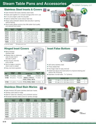 Steam Table Pans and Accessories                                                                                                                                             The Vollrath Company, LLC

 Stainless Steel Insets  Covers
 Q   Satin-ﬁnished 300 series stainless steel insets
 Q   Insets nest together for compact storage when not in use
 Q   6 (15.2cm) depth under the shoulder
 Q   Solid or slotted ﬂat covers reduce heat loss
 Q   Sharp radius between sleeves rests securely in opening
     without tipping
 Q   Short insets deliver portions that offer better food quality
     and reduced food waste

  ITEM         CAPACITY            FITS OPENING               DIAMETER X DEPTH                  INSET         SLOTTED             SOLID|        HINGED|        COVER
                QT (L)                IN (CM)                      IN (CM)                     CASE LOT      COVER ITEM         COVER ITEM     COVER ITEM     CASE LOT

  78154       21⁄ 2 (2.4)           5 (12.7)           55⁄ 8 x 713⁄ 16 (14.3 x 19.8)                6        78150{              79040            —              6
                1                   1
  78164       4 ⁄ 8 (3.9)         6 ⁄ 2 (16.5)         77⁄ 16 x 83⁄ 16 (18.9 x 20.8)                6        78160{                —           47486{            6
  78174       41⁄ 8 (3.9)         81⁄ 2 (21.6)           97⁄ 16 x 47⁄ 8 (24 x 12.4)                 6        78180{              77072         47488{            6
  78184       71⁄ 4 (6.9)         81⁄ 2 (21.6)          97⁄ 16 x 83⁄ 16 (24 x 20.8)                 6        78180{              77072         47488{            6
  78194       71⁄ 4 (6.9)         101⁄ 2 (26.7)        115⁄ 16 x 55⁄ 8 (28.7 x 14.3)                6        78200{              77112         47490{            6          78194
                                     1
  78204       11 (10.4)           10 ⁄ 2 (26.7)        115⁄ 16 x 83⁄ 16 (28.7 x 20.8)               6        78200{              77112         47490{            6
                                                                                                                                                                                    78174
 { Not NSF Certiﬁed              | Stainless steel covers


 Hinged Inset Covers                                                                                                Inset False Bottom
 Q   Mirror-ﬁnished                                               47488
     stainless steel
 Q   Welded clips on stationary
     side of cover hold it
     securely in place
 Q   Kool-Touch® phenolic
     knob handle
 Q   Slot for ladles or spoons                                                                                      Q   300 series stainless steel
     when cover is closed                                                                                           Q   Three welded feet
 Q   Easy one-hand operation                                                                                        Q   Two ﬁnger holes for easy removal
                                                                                          47490
                                                                                                                    Q   Holds food above the inset bottom to improve draining and
                DIAMETER                HEIGHT                                        INSET CAP.      CASE              reduce risk of burning
  ITEM           IN (CM)                IN (CM)            FITS INSET ITEM              QT (L)         LOT
                                                                                                                    Q   Diameter of small holes: 3⁄ 16 (4.8mm)
                1                   7
  47486       7 ⁄ 2 (19.0)              ⁄ 8 (2.2)             78164                   41⁄ 8 (3.9)       6
  47488       95⁄ 8 (24.4)         15⁄ 16   (2.4)     46063-2, 47073-2, 71⁄ 4 (6.9)                     6           ITEM                              DIMENSIONS: IN (CM)             FITS   CASE LOT
                                                     77070, 78184, 78174
                                                                                                                    72255                71⁄ 4 dia. x 1 h. (18.4 dia. x 2.5 h.)     78184       1
  47490 117⁄ 16 (29.1)             15⁄ 16   (2.4) 77110, 78194, 78204 11 (10.4)                         6           72256                91⁄ 4 dia. x 1 h. (23.5 dia. x 2.5 h.)     78204       1



 Stainless Steel Bain Maries
 Q   Satin-ﬁnished 300 series stainless steel bain maries
 Q   Sanitary open bead on edge
 Q   Ideal for salad bar, dressing, and condiment service
 Q   Recessed stainless steel covers for sanitary storage
                                             FITS            OUTSIDE                                 OVERBEAD           BAIN MARIE                    COVER
                     CAPACITY              OPENING          DIAMETER             DEPTH               DIAMETER              CASE        COVER           CASE
  ITEM                QT (L)               IN (CM)           IN (CM)            IN (CM)               IN (CM)               LOT        ITEM}            LOT

  78710             11⁄ 4 (1.2)         41⁄ 4 (10.8)      41⁄ 8 (10.5)       53⁄ 4 (14.6)           43⁄ 4 (12.1)            6          79020            6
  78720              2 (1.9)              5 (12.7)        47⁄ 8   (12.4)     63⁄ 4   (17.1)          51⁄ 2 (14)             6          79040            6
  78725              2 (1.9)            61⁄ 4 (15.9)      61⁄ 8 (15.6)         4 (10.1)             63⁄ 4 (17.1)            6          79080            6
  78730             31⁄ 2 (3.3)         61⁄ 4 (15.9)      61⁄ 8 (15.6)       71⁄ 4 (18.4)           63⁄ 4 (17.1)            6          79080            6
  78740              41⁄ 4 (4)          65⁄ 8 (16.8)      61⁄ 2 (16.5)       75⁄ 8 (19.4)           71⁄ 8 (18.1)            6          79100            6
  78760              6 (5.7)            73⁄ 8 (18.7)      71⁄ 4 (18.4)       85⁄ 8 (21.9)          715⁄ 16 (20.2)           6          79120            6
  78780             81⁄ 4 (7.8)         81⁄ 8 (20.6)       8 (20.3)          93⁄ 4 (24.5)           83⁄ 4 (22.2)            4          79170            4
  78820          12 (11.4)              91⁄ 8 (23.2)       9 (22.9)          107⁄ 8 (27.6)          93⁄ 4 (24.8)            4          79220            4
 } Stainless steel covers

6-19
 