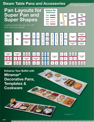 Steam Table Pans and Accessories                                     The Vollrath Company, LLC


 Pan Layouts for                           Adaptor Bar
                                            Reference
 Super Pan and                             75020

                                           75012


 Super Shapes                              56680

                                           75015

                                           75013
 A variety of options for your 12 x 20
 (30.5 x 50.8 cm) opening.




 Enhance Your Buffet with
 Miramar®
 Decorative Pans,
 Templates 
 Cookware




                                                         See pages 9-6 to 9-11




6-21
 