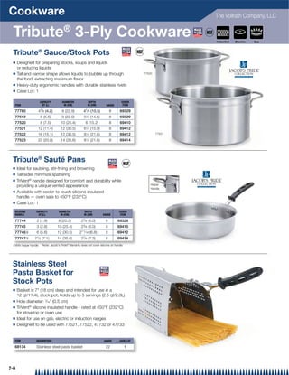 Cookware                                                                                                       The Vollrath Company, LLC


  Tribute® 3-Ply Cookware                                                                                      Induction   Electric   Gas



  Tribute® Sauce/Stock Pots
  Q   Designed for preparing stocks, soups and liquids
      or reducing liquids
  Q   Tall and narrow shape allows liquids to bubble up through                                77520
      the food, extracting maximum ﬂavor
  Q   Heavy-duty ergonomic handles with durable stainless rivets
  Q   Case Lot: 1

                       CAPACITY        DIAMETER             DEPTH                     COVER
  ITEM                  QT (L)          IN (CM)            IN (CM)        GAUGE        ITEM

  77780            41⁄ 2 (4.2)         9 (22.9)         41⁄ 8 (10.5)         8      69329
  77519                6 (5.6)         9 (22.9)         53⁄4 (14.6)          8      69329
  77520                8 (7.5)        10 (25.4)          6 (15.2)            8      69410
  77521            12 (11.4)          12 (30.5)         61⁄4 (15.9)          8      69412
  77522            16 (15.1)          12 (30.5)         81⁄2 (21.6)          8      69412              77521

  77523            22 (20.8)          14 (35.6)         81⁄2 (21.6)          8      69414




 Tribute® Sauté Pans
 Q    Ideal for sautéing, stir-frying and browning
 Q    Tall sides minimize spattering
 Q    TriVent® handle designed for comfort and durability while
      providing a unique vented appearance                                                         Helper
                                                                                                   Handle
 Q    Available with cooler to touch silicone insulated
      handle — oven safe to 450°F (232°C)
 Q    Case Lot: 1
  SILICONE        CAPACITY          DIAMETER             DEPTH                      COVER
  HANDLE           QT (L)            IN (CM)            IN (CM)        GAUGE         ITEM

  77744           2 (1.9)           8 (20.3)          23⁄ 8 (6.0)        8         69328
  77745           3 (2.8)          10 (25.4)          23⁄ 8 (6.0)        8         69410
  77746{          6 (5.6)          12 (30.5)         211⁄ 16 (6.8)       8         69412
  77747{         71⁄ 2 (7.1)       14 (35.6)          27⁄ 8 (7.3)        8         69414
 {With helper handle    Note: Jacob's Pride® Warranty does not cover silicone on handle




 Stainless Steel
 Pasta Basket for
 Stock Pots
 Q    Basket is 7 (18 cm) deep and intended for use in a
      12 qt/11.4L stock pot, holds up to 3 servings (2.5 qt/2.3L)
 Q    Hole diameter: 3⁄16 (0.5 cm)
 Q    TriVent® silicone insulated handle - rated at 450°F (232°C)
      for stovetop or oven use
 Q    Ideal for use on gas, electric or induction ranges
 Q    Designed to be used with 77521, 77522, 47732 or 47733


  ITEM            DESCRIPTION                                           GAUGE       CASE LOT

  68134           Stainless steel pasta basket                           22               1




7-9
 