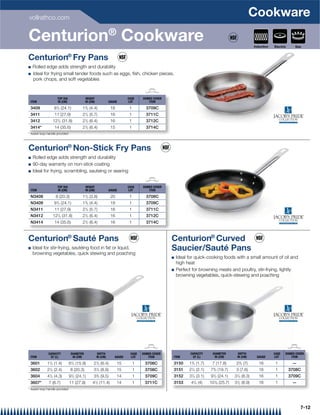 vollrathco.com
                                                                                                                                                        Cookware
Centurion® Cookware                                                                                                                                      Induction   Electric     Gas


Centurion® Fry Pans
Q   Rolled edge adds strength and durability
Q   Ideal for frying small tender foods such as eggs, ﬁsh, chicken pieces,
    pork chops, and soft vegetables


                     TOP DIA                HEIGHT                             CASE     DOMED COVER
 ITEM                IN (CM)                IN (CM)                 GAUGE      LOT         ITEM

 3409              91/2 (24.1)          13/4 (4.4)                   18         1         3709C
 3411              11 (27.9)            21/4 (5.7)                   16         1         3711C
 3412              121/2 (31.8)         21/2 (6.4)                   16         1         3712C
 3414*             14 (35.6)            21/2 (6.4)                   15         1         3714C
* Assist loop handle provided



Centurion® Non-Stick Fry Pans
Q   Rolled edge adds strength and durability
Q   90-day warranty on non-stick coating
Q   Ideal for frying, scrambling, sauteing or searing


                     TOP DIA                HEIGHT                             CASE     DOMED COVER
 ITEM                IN (CM)                IN (CM)                 GAUGE      LOT         ITEM

 N3408              8 (20.3)             11/2 (3.8)                  20         1         3708C
                     1
 N3409             9 /2 (24.1)           13/4 (4.4)                  18         1         3709C
 N3411              11 (27.9)            21/4 (5.7)                  16         1         3711C
 N3412             121/2 (31.8)          21/2 (6.4)                  16         1         3712C
 N3414              14 (35.6)            21/2 (6.4)                  16         1         3714C



Centurion® Sauté Pans                                                                                 Centurion® Curved
Q   Ideal for stir-frying, sautéing food in fat or liquid,                                            Saucier/Sauté Pans
    browning vegetables, quick stewing and poaching
                                                                                                      Q   Ideal for quick-cooking foods with a small amount of oil and
                                                                                                          high heat
                                                                                                      Q   Perfect for browning meats and poultry, stir-frying, lightly
                                                                                                          browning vegetables, quick-stewing and poaching




              CAPACITY           DIAMETER                  DEPTH                CASE    DOMED COVER              CAPACITY     DIAMETER        DEPTH                  CASE   DOMED COVER
 ITEM          QT (L)             IN (CM)                 IN (CM)      GAUGE    LOT        ITEM       ITEM        QT (L)       IN (CM)       IN (CM)      GAUGE      LOT       ITEM

 3601        11/2 (1.4)         61/4 (15.9)       21/2 (6.4)              15        1    3706C        3150      13/4 (1.7)    7 (17.8)       23/4 (7)       16        1          —
 3602          1
             2 /2 (2.4)          8 (20.3)             1
                                                  3 /4 (8.9)              15        1    3708C        3151      21/4 (2.1)   73/4 (19.7)     3 (7.6)        16        1         3708C
 3604        41/2 (4.3)         91/2 (24.1)       33/4 (9.5)              14        1    3709C        3152      31/4 (3.1)   91/2 (24.1)    31/4 (8.3)      16        1         3709C
                                                                                                                  1            1
 3607*        7 (6.7)           11 (27.9)             1
                                                 4 /2 (11.4)              14        1    3711C        3153       4 /4 (4)    10 /8 (25.7)   31/2 (8.9)      16        1          —
* Assist loop handle provided




                                                                                                                                                                                     7-12
 