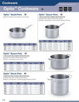 Cookware                                                                                                                                               The Vollrath Company, LLC


 Optio™ Cookware                                                                                                                                       Induction   Electric     Gas



 Optio™ Sauté Pans                                                                                Optio™ Sauce Pans
 Q   Ideal for stir-frying, quick-stewing, and poaching                                           Q   Sauce pans ship complete with domed cover
                                                                                                  Q   Domed cover retains moisture while cooking
                                                                                                  Q   Ideal for making sauces, soups, and simmering of all liquids




                                                                                                               CAPACITY     DIAMETER        DEPTH                  CASE       COVER
                                                                                                  ITEM          QT (L)       IN (CM)       IN (CM)      GAUGE      LOT         ITEM

                                                                                                  3800         1 (.95)      5½ (14)       2¾ (7)         21         6         3900C
            CAPACITY        DIAMETER          DEPTH                    CASE         COVER
  ITEM       QT (L)          IN (CM)         IN (CM)     GAUGE         LOT           ITEM         3802        23/4 (2.6)    7 (17.8)     41/8 (10.5)     21         6         3907C
  3801     21/2 (2.4)       8 (20.3)        3 (7.6)        21           2           3908C         3803         4 (3.8)      8 (20.3)     43/4 (12.1)     21         6         3908C
  3804      4 (3.8)      91/2 (24.1)      41/4 (10.8)      21           2           3910C         3806        63/4 (6.4)   91/2 (24.1)   63/8 (16.2)     21         6         3910C
  3807      6 (5.7)      11 (27.9)         31/2 (8.9)      21           2           3911C         3813        101/2 (10)   11 (27.9)      7 (17.8)       21         6         3911C



 Optio™ Sauce Pots
 Q   Sauce pots ship complete with domed cover
 Q   Domed cover retains moisture while cooking
 Q   Ideal for simmering soups and stews

                 CAPACITY               DIAMETER            DEPTH                                     COVER
  ITEM            QT (L)                 IN (CM)           IN (CM)          GAUGE      CASE LOT        ITEM

  3902           63/4 (6.4)            91/2 (24.1)      63/8 (16.2)           21            2         3910C
  3903           10 (9.5)              11 (27.9)        71/8 (18.1)           21            2         3911C
  3904          16 (15.2)          121/2 (31.8)          8 (20.3)             21            2         3912C
  3905          22 (20.9)              14 (35.6)        81/2 (21.6)           21            2         3914C



 Optio™ Stock Pots
 Q   Stock pots ship complete with domed cover
 Q   Domed cover retains moisture while cooking
 Q   Ideal for cooking pasta, or preparing large quantities of liquids


                 CAPACITY               DIAMETER            DEPTH                                     COVER
  ITEM            QT (L)                 IN (CM)           IN (CM)          GAUGE      CASE LOT        ITEM

  3501            8 (7.6)              81/2 (21.6)       8 (20.3)             21            2         3909C
  3503          11 (10.5)              91/2 (24.1)      91/2 (24.1)           21            2         3910C
  3504          18 (17.1)              11 (27.9)        11 (27.9)             21            2         3911C
  3506          27 (25.7)          121/2 (31.8)         121/2 (31.8)          21            1         3912C
  3509          38 (36.1)              14 (35.6)        141/4 (36.2)          21            1         3914C
  3513          53 (50.4)              153/4 (40)       157/8 (40.3)          18            1         3915C




7-19
 