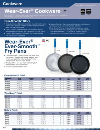 Cookware                                                                                                               The Vollrath Company, LLC


 Wear-Ever® Cookware                                                                                                              Electric       Gas
 Ever-Smooth™ interior surface ensures easier cooking and less interference from rivet heads which
 eliminates food and bacteria collection areas


 Ever-Smooth™ Story
 Q   Eliminates Food and Bacteria Collection Areas: Smooth interior       Q   Superior Strength: Our unique, patent-pending manufacturing
     surface helps eliminate potential food and bacteria collection           process ensures super-strong handle adhesion
     areas from the cooking zone                                          Q   Ever-Smooth™ has all the standard advantages you expect
 Q   Easier Cooking/Less Interference: Smooth interior surface                from Vollrath Wear-Ever® quality products, including superior
     ensures easier cooking and less interference from rivet heads            cold-draw processing, 3004 aluminum, detailed ﬁnishing
 Q   Easy to Clean: Cleaning is simpliﬁed. Your kitchen staff will            operations and the industry's best non-stick coatings
     love Ever-Smooth™ Cookware




 Wear-Ever®
 Ever-Smooth™
 Fry Pans                                                                               Natural
                                                                                                          WearGuard®

                                                                                                                                    CeramiGuard®II

 Q   CeramiGuard®II is a coating system that ﬁnally offers
     both superior durability and release qualities, even
     in high-heat applications. CeramiGuard®II better
     withstands the abuse of metal utensils
 Q   WearGuard® is a new and improved coating that
     releases better and scratches less
 Q   Exclusive Cool Handle® included




 CeramiGuard®II Finish
  CERAMIGUARD®          TOP DIA          BOTTOM DIA           HEIGHT                         CASE       FLAT              DOMED               COVER
  ITEM                  IN (CM)            IN (CM)            IN (CM)           GAUGE         LOT      COVER              COVER              CASE LOT

  EZ4007               7 (17.8)           43/4 (12)          11/2 (3.8)          8                6    67327              67427                 1
                                           3
  EZ4008               8 (20.3)           5 /4 (14)          17/8 (4.8)          10               6    67312              67412                 1
  EZ4010              10 (25.4)           75/8 (20)           2 (5.1)            8                6    67509              67409                 1
  EZ4012              12 (30.5)           93/4 (25)          21/4 (5.7)          8                2    67521              67421                 1
  EZ4014              14 (35.6)          107/8 (28)          21/2 (6.4)          6                2    67541              67441                 1

 WearGuard® Finish
  WEARGUARD®            TOP DIA          BOTTOM DIA           HEIGHT                         CASE       FLAT              DOMED               COVER
  ITEM                  IN (CM)            IN (CM)            IN (CM)           GAUGE         LOT      COVER              COVER              CASE LOT

  ES4007               7 (17.8)           43/4 (12)          11/2 (3.8)          8                6    67327              67427                 1
  ES4008               8 (20.3)           53/4 (14)          17/8 (4.8)          10               6    67312              67412                 1
  ES4010              10 (25.4)           75/8 (20)           2 (5.1)            8                6    67509              67409                 1
  ES4012              12 (30.5)           93/4 (25)          21/4 (5.7)          8                2    67521              67421                 1
  ES4014              14 (35.6)          107/8 (28)          21/2 (6.4)          6                2    67541              67441                 1

 Natural Finish
  NATURAL               TOP DIA          BOTTOM DIA           HEIGHT                         CASE       FLAT              DOMED               COVER
  ITEM                  IN (CM)            IN (CM)            IN (CM)           GAUGE         LOT      COVER              COVER              CASE LOT

  E4007                7 (17.8)           43/4 (12)          11/2 (3.8)          8                6    67327              67427                 1
                                           3
  E4008                8 (20.3)           5 /4 (14)          17/8 (4.8)          10               6    67312              67412                 1
  E4010               10 (25.4)           75/8 (20)           2 (5.1)            8                6    67509              67409                 1
  E4012               12 (30.5)           93/4 (25)          21/4 (5.7)          8                2    67521              67421                 1
  E4014               14 (35.6)          107/8 (28)          21/2 (6.4)          6                2    67541              67441                 1

7-27
 