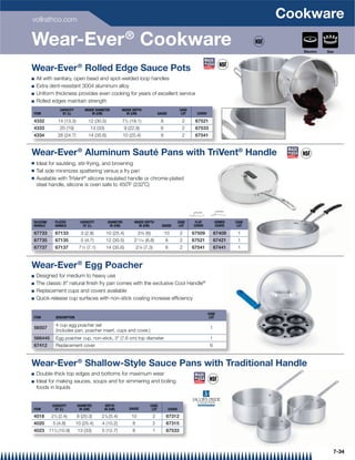 vollrathco.com
                                                                                                                                          Cookware
Wear-Ever ® Cookware                                                                                                                         Electric   Gas




Wear-Ever ® Rolled Edge Sauce Pots
Q   All with sanitary, open bead and spot-welded loop handles
Q   Extra dent-resistant 3004 aluminum alloy
Q   Uniform thickness provides even cooking for years of excellent service
Q   Rolled edges maintain strength
                CAPACITY       INSIDE DIAMETER        INSIDE DEPTH                                   CASE
ITEM             QT (L)             IN (CM)              IN (CM)                    GAUGE             LOT     COVER
                                                          1
4332           14 (13.3)         12 (30.5)            7 /2 (19.1)                    8                2      67521
4333            20 (19)           13 (33)                9 (22.9)                    6                2      67533
4334           26 (24.7)         14 (35.6)               10 (25.4)                   8                2      67541


Wear-Ever ® Aluminum Sauté Pans with TriVent® Handle
Q   Ideal for sautéing, stir-frying, and browning
Q   Tall side minimizes spattering versus a fry pan
Q   Available with TriVent® silicone insulated handle or chrome-plated
    steel handle, silicone is oven safe to 450˚F (232˚C)




SILICONE     PLATED          CAPACITY         DIAMETER          INSIDE DEPTH                        CASE     FLAT          DOMED   CASE
HANDLE       HANDLE           QT (L)           IN (CM)             IN (CM)            GAUGE          LOT    COVER          COVER    LOT

67733        67133           3 (2.8)        10 (25.4)               23⁄8 (6)             10          2      67509          67409    1
67735        67135           5 (4.7)        12 (30.5)           211⁄16 (6.8)             8           2      67521          67421    1
67737        67137          71⁄2 (7.1)      14 (35.6)              27⁄8 (7.3)            8           2      67541          67441    1



Wear-Ever ® Egg Poacher
Q   Designed for medium to heavy use
Q   The classic 8 natural ﬁnish fry pan comes with the exclusive Cool Handle®
Q   Replacement cups and covers available
Q   Quick-release cup surfaces with non-stick coating increase efﬁciency

                                                                                                                      CASE
ITEM         DESCRIPTION                                                                                               LOT

             4 cup egg poacher set
56507                                                                                                                  1
             (includes pan, poacher insert, cups and cover.)
566445       Egg poacher cup, non-stick, 3 (7.6 cm) top diameter                                                      1
67412        Replacement cover                                                                                         6



Wear-Ever ® Shallow-Style Sauce Pans with Traditional Handle
Q   Double-thick top edges and bottoms for maximum wear
Q   Ideal for making sauces, soups and for simmering and boiling
    foods in liquids


           CAPACITY        DIAMETER          DEPTH                         CASE
ITEM        QT (L)          IN (CM)         IN (CM)           GAUGE         LOT             COVER

4018       21/2 (2.4)      8 (20.3)      21/8 (5.4)            10               2        67312
4020       5 (4.8)         10 (25.4)     4 (10.2)              8                2        67315
4023 111/2 (10.9)          13 (33)       5 (12.7)              8                1        67533



                                                                                                                                                          7-34
 