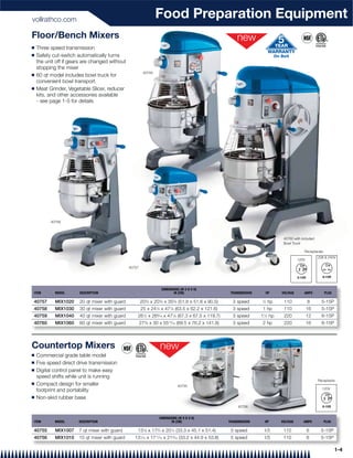 vollrathco.com
                                                                  Food Preparation Equipment
Floor/Bench Mixers
Q   Three speed transmission
Q   Safety cut-switch automatically turns                                                                                      On Belt
    the unit off if gears are changed without
    stopping the mixer
                                                         40759
Q   60 qt model includes bowl truck for
    convenient bowl transport
Q   Meat Grinder, Vegetable Slicer, reducer
    kits, and other accessories available
    - see page 1-5 for details




          40758



                                                                                                                                   40760 with included
                                                                                                                                   Bowl Truck

                                                                                                                                                Receptacles
                                                                                                                                                         208 & 240V
                                                                                                                                            120V

                                                40757




                                                                          DIMENSIONS (W X D X H)
ITEM        MODEL      DESCRIPTION                                               IN (CM)              TRANSMISSION       HP       VOLTAGE      AMPS           PLUG

40757       MIX1020    20 qt mixer with guard           20 ⁄8 x 20 ⁄8 x 35 ⁄8 (51.8 x 51.8 x 90.5)
                                                              3       3            5
                                                                                                       3 speed       1
                                                                                                                      ⁄2 hp        110             8       5-15P
40758       MIX1030    30 qt mixer with guard           25 x 241⁄2 x 477⁄8 (63.5 x 62.2 x 121.6)       3 speed       1 hp          110             16      5-15P
40759       MIX1040    40 qt mixer with guard       261⁄2 x 269⁄16 x 471⁄8 (67.3 x 67.5 x 119.7)       3 speed       11⁄2 hp       220             12      6-15P
40760       MIX1060    60 qt mixer with guard           273⁄8 x 30 x 5513⁄16 (69.5 x 76.2 x 141.8)     3 speed       2 hp          220             16      6-15P




Countertop Mixers
Q   Commercial grade table model
Q   Five speed direct drive transmission
Q   Digital control panel to make easy
    speed shifts while unit is running
                                                                                                                                                         Receptacle
Q   Compact design for smaller                                                         40755
    footprint and portability                                                                                                                              120V

Q   Non-skid rubber base
                                                                                                          40756


                                                                      DIMENSIONS (W X D X H)
ITEM        MODEL      DESCRIPTION                                           IN (CM)                 TRANSMISSION        HP       VOLTAGE      AMPS           PLUG

40755       MIX1007    7 qt mixer with guard        13 ⁄8 x 17 ⁄4 x 20 ⁄4 (33.3 x 45.1 x 51.4)
                                                          1       3            1
                                                                                                      5 speed            1⁄3       110             6      5-15P
40756       MIX1010    10 qt mixer with guard      131⁄16 x 1711⁄16 x 213⁄16 (33.2 x 44.9 x 53.8)     5 speed            1⁄3       110             6      5-15P

                                                                                                                                                                     1-4
 