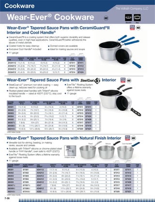Cookware                                                                                                                                                The Vollrath Company, LLC


 Wear-Ever ® Cookware                                                                                                                                              Electric   Gas


 Wear-Ever ® Tapered Sauce Pans with CeramiGuard®II
 Interior and Cool Handle®
 Q   CeramiGuard®II is a coating system that offers both superior durability and release
     qualities, even in high-heat applications. CeramiGuard®II better withstands the
     abuse of metal utensils
 Q   Coated rivets for easy cleanup            Q Domed covers are available

 Q   Exclusive Cool Handle® included           Q Ideal for making sauces and soups

 Q   11 gauge

                CAPACITY     TOP DIAMETER    BOTTOM DIAMETER     INSIDE DEPTH      CASE         FLAT      DOMED
  ITEM           QT (L)         IN (CM)           IN (CM)           IN (CM)         LOT        COVER      COVER
                 1
  Z434112 1 /2 (1.4)          6 (15.2)           6 (15.2)           4 (10.2)         6        67311      67411
  Z434212 23/4 (2.6)         73/4 (19.7)        73/4 (19.7)      41/2 (11.4)         6        67312      67412
  Z434312 33/4 (3.6)         83/4 (22.2)        83/4 (22.2)      41/2 (11.4)         6        67313      67413
  Z434412 41/2 (4.3)         91/4 (23.5)        91/8 (23.2)         5 (12.7)         6        67314      67424



 Wear-Ever ® Tapered Sauce Pans with                                                                                                      Interior
 Q   SteelCoat x3™ premium non-stick coating — easy                                     Q   EverTite™ Riveting System
     clean-up, reduces need for cooking oil                                                 offers a lifetime warranty
 Q   Riveted plated steel handles with TriVent® silicone                                    against loose rivets
     insulated handle — rated at 450°F (232°C), stay cool                               Q   11 gauge
     to the touch

  SILICONE       CAPACITY        TOP DIAMETER         BOTTOM DIAMETER      INSIDE DEPTH         CASE       FLAT       DOMED      CASE
  HANDLE          QT (L)            IN (CM)                IN (CM)            IN (CM)            LOT      COVER       COVER       LOT

  69301         11⁄2 (1.4)        6 (15.2)              51⁄4 (13.3)            4 (10.2)          6       67311        67411        1
  69302         2 ⁄ (2.6)
                  34             7 ⁄ (19.7)
                                   34                   61⁄2 (16.5)        41⁄4 (10.8)           6       67312        67412        1
  69303         33⁄4 (3.5)       83⁄4 (22.2)            71⁄8 (18.1)        41⁄2 (11.4)           6       67313        67413        1
  69304         41⁄2 (4.3)       91⁄4 (23.5)           79⁄16 (19.2)            5 (12.7)          6       67314        67424        1
  69305         51⁄2 (5.2)       97⁄8 (25.1)            75⁄8 (19.4)            51⁄2 (14)         6       67315        67409        1
  69307{          7 (6.6)        10 ⁄ (27)
                                    58                  8 ⁄ (21.9)
                                                         58                55⁄8 (14.3)           6       67317        67417        1
  69308{          81⁄2 (8)      115⁄16 (28.7)           93⁄4 (24.8)        53⁄4 (14.6)           6       67318        67418        1
  69310{         10 (9.5)       121⁄16 (30.6)          101⁄2 (26.7)        61⁄4 (15.9)           3       67320        67421        1
 {With helper handle



 Wear-Ever ® Tapered Sauce Pans with Natural Finish Interior
 Q   Versatile tool for stirring, beating, or making                                                                    Plated              Silicone           Cool Handle®
     ravies, sauces and cereals
 Q   Available with TriVent® silicone or chrome-plated steel
     handle or Cool Handle®, oven safe to 450˚F (232˚C)
 Q   EverTite™ Riveting System offers a lifetime warranty
     against loose rivets                                                            {Helper handle

 Q   11 gauge
  SILICONE TRIVENT®    PLATED TRIVENT®      COOL               CAPACITY          TOP DIAMETER        BOTTOM DIAMETER      INSIDE DEPTH     CASE         FLAT       DOMED      CASE
  HANDLE               HANDLE               HANDLE®             QT (L)              IN (CM)               IN (CM)            IN (CM)        LOT        COVER       COVER       LOT

  68301                67301                434112            11⁄2 (1.4)          6 (15.2)             51⁄4 (13.3)            4 (10.2)      6          67311       67411       1
  68302                67302                434212            2 ⁄ (2.6)
                                                               34                7 ⁄ (19.7)
                                                                                   34                  61⁄2 (16.5)        41⁄4 (10.8)       6          67312       67412       1
  68303                67303                434312            33⁄4 (3.5)         83⁄4 (22.2)           71⁄8 (18.1)        41⁄2 (11.4)       6          67313       67413       1
  68304                67304                434412            41⁄2 (4.3)         91⁄4 (23.5)           79⁄16 (19.2)           5 (12.7)      6          67314       67424       1
  68305                67305                434512            51⁄2 (5.2)         97⁄8 (25.1)           75⁄8 (19.4)            51⁄2 (14)     6          67315       67409       1
  68307{               67307{               4347               7 (6.6)            10 ⁄ (27)
                                                                                     58                8 ⁄ (21.9)
                                                                                                         58               55⁄8 (14.3)       6          67317       67417       1
  68308{               67308{               434812             81⁄2 (8)         115⁄16 (28.7)          93⁄4 (24.8)        53⁄4 (14.6)       6          67318       67418       1
  68310{               67310{               4350              10 (9.5)          121⁄16 (30.6)          101⁄2 (26.7)       61⁄4 (15.9)       3          67320       67421       1
 {With helper handle

7-35
 