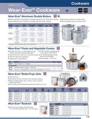 vollrathco.com
                                                                                                                                                                Cookware
Wear-Ever ® Cookware                                                                                                                                                        Electric      Gas


Wear-Ever ® Aluminum Double Boilers
Q   Ideal for delicate food preparation, reheating, preheating and moisture free cooking                                              Q   Eliminates the need for constant stirring
Q   Solid welded aluminum handles for durability and easy interior cleaning                                                           Q   Ships complete with pot, inset and cover

                                                                                                                     ADDITIONAL
 COMPLETE                          CAPACITY        INSIDE DIAMETER        INSIDE DEPTH                     CASE         PARTS
 SET ITEM         SECTION           QT (L)              IN (CM)              IN (CM)          GAUGE         LOT       ITEM NOS.

 67708             Inset           81⁄2 (8)           10 (25.4)           67⁄8 (17.5)           8            1       43047-2
                   Pot             10 (9.5)           10 (25.4)           75⁄8 (19.4)           8           —         67510
                 Cover{                                   —                     —               —           —         67509
 67711            Inset           11 (10.4)           10 (25.4)          813⁄16 (22.4)          8            1       43048-2
                   Pot            12 (11.4)           10 (25.4)            9 (22.9)             8           —         67512
                 Cover{                                   —                     —               —           —         67509
 67717            Inset          171⁄2 (16.6)         12 (30.5)           97⁄16 (24)            8            1       43049-2
                   Pot            20 (18.9)           12 (30.5)          101⁄2 (26.7)           8           —         67520
                 Cover{               —                   —                     —               —           —         67521
{See page 8-3 for more information on Agion® antimicrobial protection.



Wear-Ever ® Pasta and Vegetable Cooker
Q   Includes 181⁄2 qt (17.5 L) 3004 aluminum pot                            Q   TriVent® silicone insulated handle
    and four perforated stainless steel inserts                                 is oven safe to 450˚F (232˚C)
Q   Inserts (3 qt/2.9 L) hold up to 3 servings of pasta                     Q   Pot: Welded handles for easy
Q   Perfect for blanching vegetables                                            clean-up and durability
Q                                                                           Q   Hole diameter: 3⁄16 (0.5 cm)
    Hanging clip for easy draining

 ITEM          DESCRIPTION                                                                                          GAUGE      CASE LOT

 68127         Pasta cooker set — complete                                                                           —            1
 REPLACEMENT PARTS

 68130         Perforated stainless wedge — inset only                                                               —            1
 68129         Pot only — inside diameter 14 (35.6 cm), inside depth 7 (17.8 cm)                                    8           1



Wear-Ever ® Boiler/Fryer Sets
Q   3004 aluminum
Q   Bail handle for easy removal from pot and quick draining
Q   Ideal for boiling lobster, clams, shrimp, or ﬁsh, as well as
    deep-frying turkeys
Q   Set includes pot, perforated basket with bail handle, and cover

                                                                  POT                  POT                           BASKET               BASKET          BASKET
                                                                INSIDE               INSIDE                           INSIDE               INSIDE      MAXIMUM WIDTH        COVER
                                           CAPACITY           DIAMETER               DEPTH           POT            DIAMETER               DEPTH          AT BAIL         DIAMETER       CASE
 ITEM         DESCRIPTION                   QT (L)             IN (CM)              IN (CM)         GAUGE            IN (CM)              IN (CM)          IN (CM)         IN (CM)        LOT

 68271        Boiler/fryer set            20 (18.9)       131⁄16 (33.2)           9 (22.9)            8           111⁄4 (28.6)        71⁄4 (18.4)       121⁄2 (31.8)    135⁄8 (34.6)       1
 68269        Boiler/fryer set            32 (30.3)       131⁄16 (33.2)          14 (35.6)            8           111⁄4 (28.6)        107⁄8 (27.6)      121⁄2 (31.8)    135⁄8 (34.6)       1
 68270        Boiler/fryer set            40 (37.9)         14 (35.6)           151⁄16 (38.3)         8           121⁄2 (31.8)        113⁄4 (29.8)      133⁄4 (34.9)    147⁄8 (37.8)       1
 68272        Boiler/fryer set            60 (56.8)        163⁄4 (42.5)         157⁄8 (40.3)          10          151⁄2 (39.4)        113⁄4 (29.8)     1611⁄16 (42.4)   173⁄4 (45.1)       1
 68273        Boiler/fryer set            80 (75.7)        163⁄4 (42.5)          211⁄4 (54)           10          151⁄2 (39.4)        163⁄4 (42.5)     1611⁄16 (42.4)   173⁄4 (45.1)       1

Wear-Ever ® Baskets{                                                                                        ITEM*
                                                                                                                            REPLACEMENT
                                                                                                                            BASKET FOR:     FITS                                       CASE LOT

Q
                                                                                                            68289           68271           20 qt sauce pots                              1
    3004 aluminum baskets with bail handle,
    3⁄8 (1 cm) embossed feet and 1⁄2 (1.3 cm) holes                                                       68290           68269           32 qt stock pots                              1
                                                                                                            68291           68270           40 qt stock pots                              1
                                                                                                            68292           68272           60 qt stock pots                              1
                                                                                                            68293           68273           80 qt stock pots                              1
                                                                                                           {Not recommended for use with stainless steel pots
                                                                                                                                                                                               7-36
 
