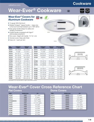 vollrathco.com
                                                                                                                                                      Cookware
Wear-Ever ® Cookware                                                                                                                                                  Electric   Gas


Wear-Ever ® Covers for
Aluminum Cookware
Q   14 gauge 3004 Aluminum
Q   Welded Torogard™ dipped handle — stays cool
    to the touch and heat resistant up to 180˚F (82˚C)
Q   Easy grasp handle design for safety and
    hanging convenience
Q   Coated handle is equipped with Agion®                                                   67521

    antimicrobial protection{
Q   Flat covers: Height with handle: 15⁄8” (4.1 cm)
Q    Domed covers: Deep satin ﬁnish
Q   Case Lot: 1 each per item
                                                                                                             67433




 FLAT            OUTSIDE DIA          INSIDE DIA             DOMED          OUTSIDE DIA        INSIDE DIA        HEIGHT W/ HANDLE
 COVERS            IN (CM)              IN (CM               COVERS           IN (CM)            IN (CM)              IN (CM)

 67311           65⁄8 (16.8)         61⁄16 (15.4)            67411          6 5 ⁄8 (16.8)     5 7 ⁄8 (14.9)          21⁄16 (5.2)
 67327            77⁄8 (20)          71⁄8 (18.1)             67427           77⁄8 (20)        71⁄8 (18.1)            21⁄16 (5.2)
 67312          85⁄16 (21.1)          77⁄8 (20)              67412          8 3 ⁄8 (21.3)     71 ⁄2 (19.1)           21⁄8 (5.4)                            Flat covers allow
                                                                                                                                                          moisture to escape
 67313          93⁄16 (23.3)        813⁄16 (22.3)            67413          93 ⁄8 (23.8)      81 ⁄2 (21.6)           21⁄8 (5.4)
 67314          913⁄16 (24.9)        95⁄16 (23.6)            67424          10 (25.4)         8 3 ⁄4 (22.2)          23⁄16 (5.6)                       Inside Dia.

 67315          101⁄2 (26.7)          97⁄8 (25)              —                  —                   —                    —                             Outside Dia.



 67509          103⁄4 (27.3)        101⁄8 (25.7)             67409         10 3 ⁄4 (27.3)     9 3 ⁄4 (24.8)          21⁄4 (5.7)
 67317         113⁄16 (28.4)       1011⁄16 (27.1)            67417         11 3 ⁄8 (28.9)     101 ⁄2 (26.7)          23⁄16 (5.6)
 67318           12 (30.5)          117⁄16 (29.1)            67418         121 ⁄8 (30.8)      111 ⁄4 (28.6)          23⁄16 (5.6)
 67320          123⁄8 (31.4)       1113⁄16 (30.1)            —                  —                   —                    —
                                                                                                                                                         Domed covers hold
 67521          123⁄4 (32.4)        121⁄8 (30.7)             67421         127 ⁄8 (32.7)      113 ⁄4 (29.8)          25⁄16 (5.8)                        moisture in pot or pan


 67533         139⁄16 (34.4)        131⁄8 (33.3)             67433         139⁄16 (34.4)      131⁄8 (33.3)           25⁄16 (5.8)
 67541          147⁄8 (37.8)         143⁄16 (36)             67441         147⁄8 (37.8)       143⁄16 (36)            27⁄16 (6.2)
                                                                                                                                                       Inside Dia.

 67561          171⁄8 (43.5)        161⁄4 (41.3)             67461         171⁄8 (43.5)       161⁄4 (41.3)           27⁄16 (6.2)                       Outside Dia.


 67581          187⁄8 (47.9)        183⁄16 (46.1)            67481         187⁄8 (47.9)      183⁄16 (46.1)           29⁄16 (6.5)
 67691           20 ⁄ (53)
                    78              20 ⁄ (51.2)
                                       3 16                  67491          20 ⁄ (53)
                                                                               78            20 ⁄ (51.2)
                                                                                                3 16                 29⁄16 (6.5)
{See page 8-3 for more information on Agion antimicrobial protection.
                                              ®




Wear-Ever® Cover Cross Reference Chart
Flat Covers                                                                                         Dome Covers
 ITEM #                         PREVIOUS ITEM #                     FITS                            ITEM #                          PREVIOUS ITEM #            FITS

 67327                               4187                      6-7 pans                            67411                              4341C              6 pans
 67312                               4188                        8 pans                            67412                              4342C            7-8 pans
 67313                               4189                     9-10 pans                            67413                              4343C            8-9 pans
 67509/67315                         4190                    10-11 pans                            67424                              4344C           9-10 pans
 67521                               4191                   11-11.5 pans                           67409                              4345C             10 Pans
 67521                               4192                       12 pans                            67417                              4347C           10.5 pans
 67533                               4193                       13 pans                            67418                              4348C           11.25 pans
 67541                               4194                       14 pans                            67020                              4350C           12.2 pans
 67561                               4196                       16 pans
 67581                               4198                       18 pans
 67691                               4200                       20 Pans



                                                                                                                                                                                   7-38
 