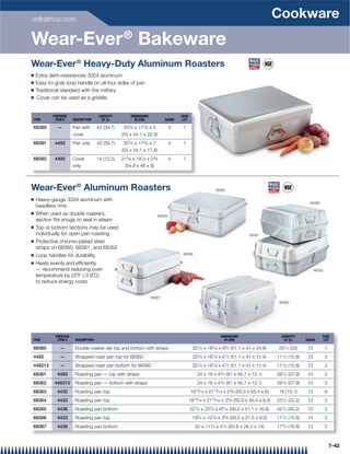 vollrathco.com
                                                                                                                                                                   Cookware
Wear-Ever ® Bakeware
Wear-Ever ® Heavy-Duty Aluminum Roasters
Q   Extra dent-resistances 3004 aluminum
Q   Easy-to-grab loop handle on all four sides of pan
Q   Traditional standard with the military
Q   Cover can be used as a griddle


           PREVIOUS                    CAPACITY        DIMENSIONS                       CASE
ITEM        ITEM #     DESCRIPTION      QT (L)           IN (CM)               GAUGE     LOT

68390        —         Pan with       42 (39.7)    207⁄ 8 x 173⁄ 8 x 9              4    1
                       cover                      (53 x 44.1 x 22.9)
68391       4493       Pan only       42 (39.7)    207⁄ 8 x 173⁄ 8 x 7              4    1
                                                  (53 x 44.1 x 17.8)
68392       4492       Cover          14 (13.2)   215⁄ 8 x 181⁄ 8 x 23⁄ 8           4    1
                       only                        (54.9 x 46 x 6)



Wear-Ever ® Aluminum Roasters                                                                                            68363

Q   Heavy-gauge 3004 aluminum with
                                                                                                                                                                                       68360
    beadless rims
Q   When used as double roasters,                                           68365
    section ﬁts snugly to seal in steam
Q   Top or bottom sections may be used
    individually for open pan roasting                                                                                                               68361
Q   Protective chrome-plated steel
    straps on 68360, 68361, and 68362
Q                                                                                        68366
    Loop handles for durability
Q   Heats evenly and efﬁciently
    — recommend reducing oven                                                                                                                                                              68362
    temperature by 25˚F (-3.9˚C)
    to reduce energy costs


                                                                    68367
                                                                                                                                                                    68360




            PREVIOUS                                                                                                         DIMENSIONS                              CAPACITY                  CASE
ITEM         ITEM #     DESCRIPTION                                                                                            IN (CM)                                QT (L)         GAUGE      LOT

68360          —        Double roaster set top and bottom with straps                            201⁄ 8 x 161⁄ 8 x 93⁄ 4 (51.1 x 41 x 24.8)                         231⁄ 4 (22)       12           1
4482           —        Strapped roast pan top for 68360                                         201⁄ 8     x   161⁄ 8       x   41⁄ 2   (51.1 x 41 x 11.4)        111⁄ 2   (10.8)    12           2
448212         —        Strapped roast pan bottom for 68360                                      201⁄ 8     x   161⁄ 8       x   41⁄ 2   (51.1 x 41 x 11.4)        111⁄ 2   (10.8)    12           2
68361        4483       Roasting pan — top with straps                                              24 x 18 x            43⁄ 4       (61 x 45.7 x 12.1)            291⁄ 2   (27.9)    10           2
68362       448312      Roasting pan — bottom with straps                                           24 x 18 x 43⁄ 4 (61 x 45.7 x 12.1)                             291⁄ 2 (27.9)      10           2
68363        4432       Roasting pan top                                                        1913⁄ 16    x    2113⁄ 16        x    23⁄ 8   (50.3 x 55.4 x 6)     16 (15.1)         12           6
68364        4433       Roasting pan top                                                       1913⁄ 16   x     2113⁄ 16         x   35⁄ 8   (50.3 x 55.4 x 9.2)   231⁄ 2   (22.2)    12           2
68365        4436       Roasting pan bottom                                                    221⁄ 8   x   201⁄ 8       x   69⁄ 16      (56.2 x 51.1 x 16.6)      421⁄ 2   (40.2)    10           2
68366        4423       Roasting pan top                                                         193⁄ 4 x 107⁄ 8 x 35⁄ 8 (50.2 x 27.6 x 9.2)                       111⁄ 4 (10.6)      14           2
                                                                                                                  1⁄ 8       51⁄ 2                                 173⁄ 4
68367        4426       Roasting pan bottom                                                       20 x 11                x             (50.8 x 28.3 x 14)                   (16.8)    12           2



                                                                                                                                                                                                       7-42
 
