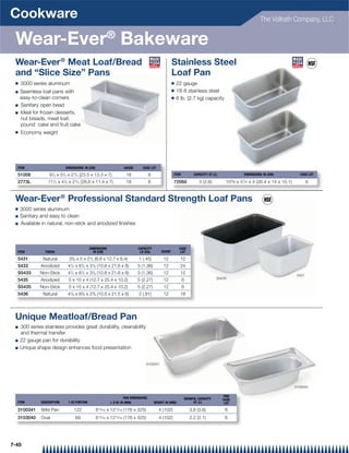 Cookware                                                                                                                                                           The Vollrath Company, LLC


 Wear-Ever® Bakeware
 Wear-Ever ® Meat Loaf/Bread                                                                              Stainless Steel
 and “Slice Size” Pans                                                                                    Loaf Pan
 Q   3000 series aluminum                                                                                 Q   22 gauge
 Q   Seamless loaf pans with                                                                              Q   18-8 stainless steel
     easy-to-clean corners                                                                                Q   6 lb. (2.7 kg) capacity
 Q   Sanitary open bead
 Q   Ideal for frozen desserts,
     nut breads, meat loaf,
     pound cake and fruit cake
 Q   Economy weight




  ITEM                           DIMENSIONS: IN (CM)                      GAUGE     CASE LOT

  51008            91/4 x 51/4 x 2 3/4 (23.5 x 13.3 x 7)                   18             6                ITEM            CAPACITY: QT (L)              DIMENSIONS: IN (CM)              CASE LOT

  2773L               1      1         3
                   11 /4 x 4 /2 x 2 /4 (28.6 x 11.4 x 7)                   18             6                                                          3   1
                                                                                                           72060              3 (2.8)          10 ⁄ 8 x 5 ⁄ 2 x 4 (26.4 x 14 x 10.1)           6


 Wear-Ever ® Professional Standard Strength Loaf Pans
 Q   3000 series aluminum
 Q   Sanitary and easy to clean
 Q   Available in natural, non-stick and anodized ﬁnishes



                                                 DIMENSIONS                       CAPACITY                      CASE
  ITEM           FINISH                            IN (CM)                         LB (KG)        GAUGE          LOT

  5431          Natural            33/8 x 5 x 21/2 (8.6 x 12.7 x 6.4)             1 (.45)           12          12
  5433        Anodized            41/4 x 81/2 x 31/8 (10.8 x 21.6 x 8)            3 (1.36)          12          24
  S5433       Non-Stick           41/4 x 81/2 x 31/8 (10.8 x 21.6 x 8)            3 (1.36)          12          12                                                                      5431
                                                                                                                                          S5435
  5435        Anodized            5 x 10 x 4 (12.7 x 25.4 x 10.2)                 5 (2.27)          12            6
  S5435       Non-Stick           5 x 10 x 4 (12.7 x 25.4 x 10.2)                 5 (2.27)          12            6
  5436          Natural           41/8 x 83/8 x 23/8 (10.5 x 21.5 x 6)            2 (.91)           12          18




 Unique Meatloaf/Bread Pan
 Q   300 series stainless provides great durability, cleanability
     and thermal transfer
 Q   22 gauge pan for durability
 Q   Unique shape design enhances food presentation


                                                                                      3100341




                                                                                                                                                                                       3103040


                                                                         PAN DIMENSIONS                                                       PAN
                                                                                                                      BRIMFUL CAPACITY        CASE
  ITEM         DESCRIPTION        1 OZ PORTION                  L X W: IN (MM)                HEIGHT: IN (MM)              QT (L)              LOT

  3100341      Wild Pan               122              615⁄16 x 1213⁄16 (176 x 325)              4 (102)                 3.8 (3.6)             6
  3103040      Oval                    69              6 ⁄ x 12 ⁄ (176 x 325)
                                                        15 16     13 16                          4 (102)                 2.2 (2.1)             6




7-45
 