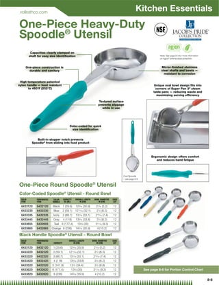 vollrathco.com
                                                                                                        Kitchen Essentials
One-Piece Heavy-Duty
Spoodle® Utensil
           Capacities clearly stamped on
          shaft for easy size identiﬁcation                                                                             Note: See page 8-3 for more information
                                                                                                                        on Agion® antimicrobial protection



      One-piece construction is                                                                                          Mirror-ﬁnished stainless
        durable and sanitary                                                                                             steel shafts and bowls —
                                                                                                                           resistant to corrosion

 High temperature patented
nylon handle — heat resistant                                                                                       Unique oval bowl design ﬁts into
       to 450°F (232°C)                                                                                              corners of Super Pan 3® steam
                                                                                                                    table pans — reducing waste and
                                                                                                                      maximizing serving efﬁciency

                                                                         Textured surface
                                                                         prevents slippage
                                                                            while in use




                                              Color-coded for quick
                                               size identiﬁcation


               Built-in stopper notch prevents
            Spoodle® from sliding into food product



                                                                                                                  Ergonomic design offers comfort
                                                                                                                     and reduces hand fatigue




                                                                                             Oval Spoodle
                                                                                             – see page 8-9


One-Piece Round Spoodle® Utensil
Color-Coded Spoodle® Utensil - Round Bowl
  SOLID        PERFORATED   COLOR       CAPACITY   OVERALL LENGTH    BOWL DIAMETER    CASE
  ITEM         ITEM         HANDLE       OZ (ML)       IN (CM)          IN (CM)        LOT

  6433120      6432120      Black 1 (29.6)         123⁄16 (30.9)       21⁄16 (5.2)    12
  6433230      6432230       Blue       2 (59.1)   12 ⁄ (32.1)
                                                     11 16              21⁄2 (6.5)    12
  6433335      6432335       Ivory      3 (88.7)   131⁄16 (33.1)       215⁄16 (7.4)   12
  6433445      6432445       Gray       4 (118)    135⁄16 (33.8)        31⁄4 (8.2)    12
  6433655      6432655       Teal    6 (177.4)      13 ⁄ (35)
                                                       34              311⁄16 (9.3)   12
  6433865      6432865      Orange 8 (236)         143⁄16 (35.9)        4 (10.2)      12

Black Handle Spoodle® Utensil - Round Bowl
  SOLID        PERFORATED                    OVERALL LENGTH         BOWL DIAMETER     CASE
  ITEM         ITEM          CAPACITY            IN (CM)               IN (CM)         LOT

  6433120      6432120       1 (29.6)        123⁄16 (30.9)           21⁄16 (5.2)      12
  6433220      6432220       2 (59.1)        1211⁄16 (32.1)          21⁄2 (6.5)       12
  6433320      6432320       3 (88.7)        131⁄16 (33.1)           215⁄16 (7.4)     12
  6433420      6432420       4 (118)         135⁄16 (33.8)           31⁄4 (8.2)       12
  6433520      6432520      5 (147.9)         131⁄2 (34.4)           31⁄2 (8.8)       12
  6433620      6432620      6 (177.4)          133⁄4 (35)            311⁄16 (9.3)     12                      See page 8-6 for Portion Control Chart
  6433820      6432820       8 (236)         143⁄16 (35.9)            4 (10.2)        12

                                                                                                                                                                  8-8
 